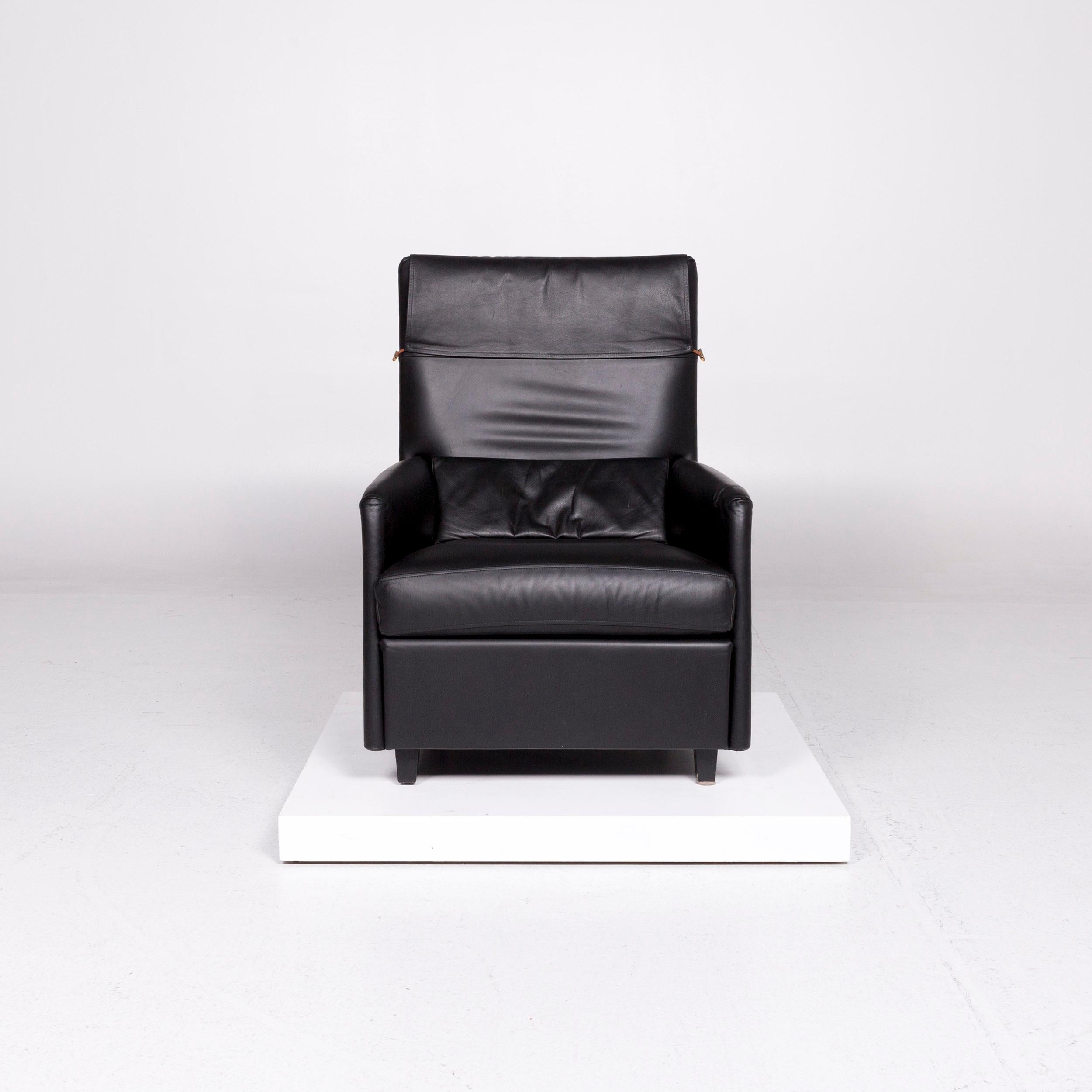 We bring to you a ligne roset leather armchair black.
 
 Product measurements in centimeters:
 
Depth 77
Width 66
Height 100
Seat-height 44
Rest-height 56
Seat-depth 51
Seat-width 52
Back-height 57.
  