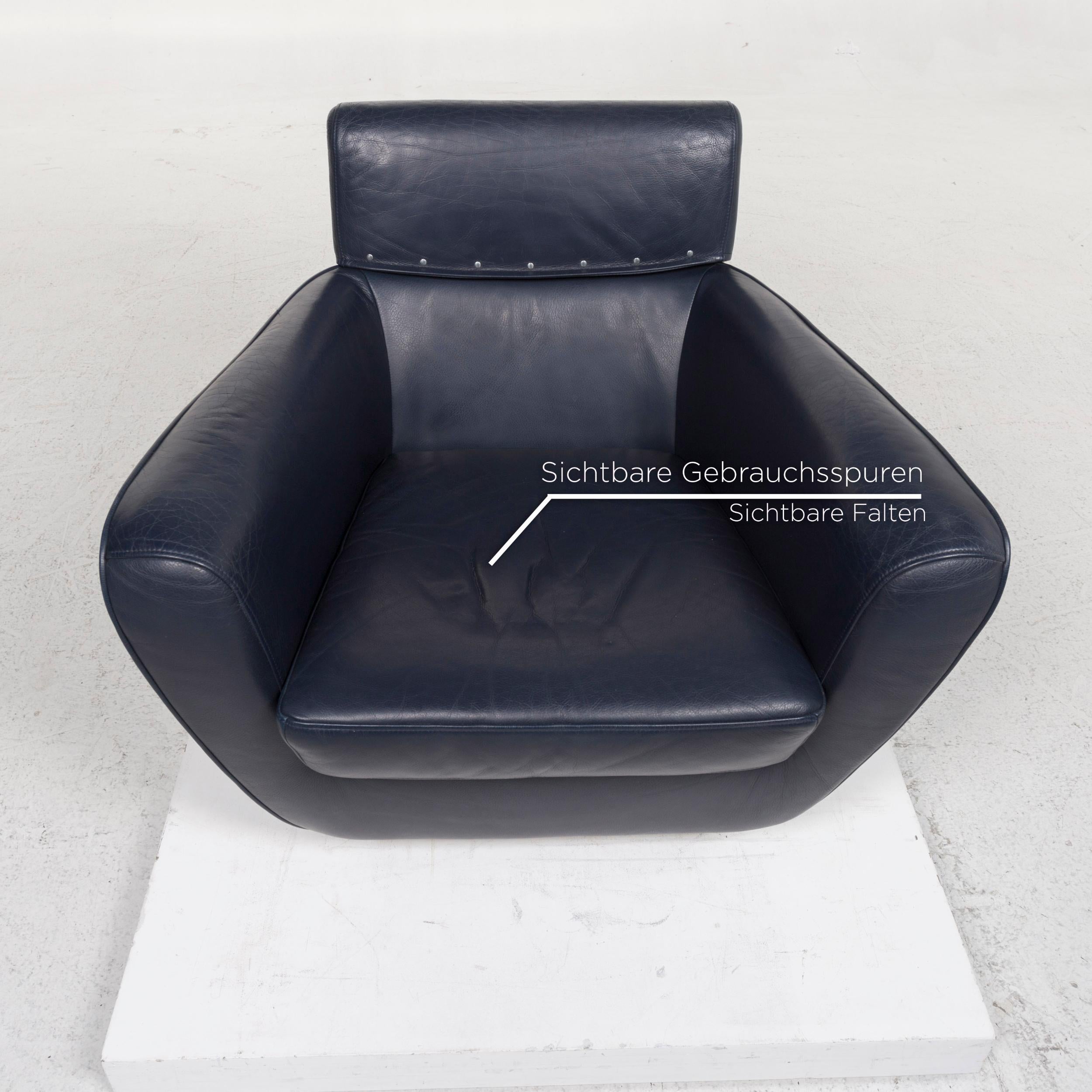 French Ligne Roset Leather Armchair Blue For Sale