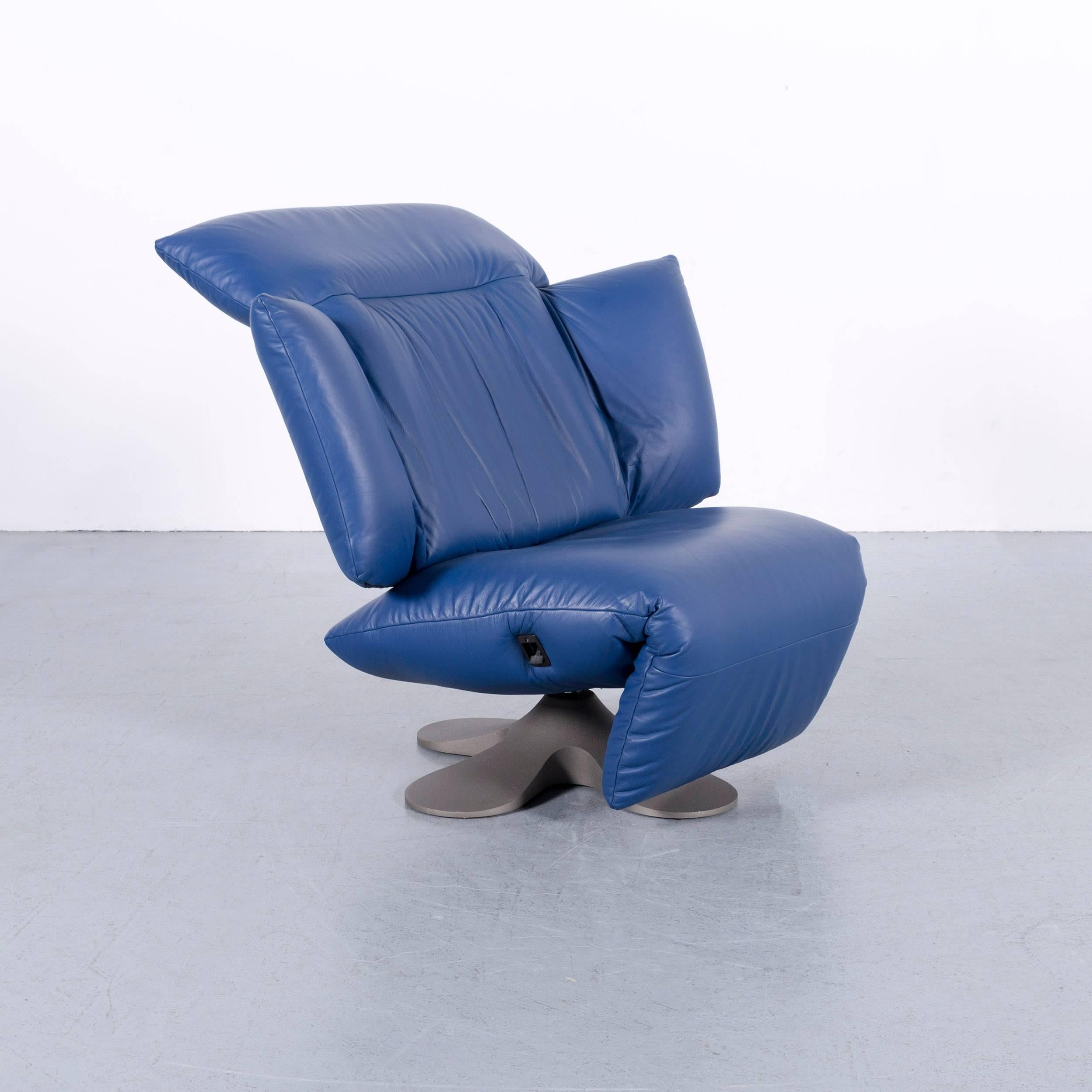 French Ligne Roset Leather Armchair Blue One-Seat Couch For Sale