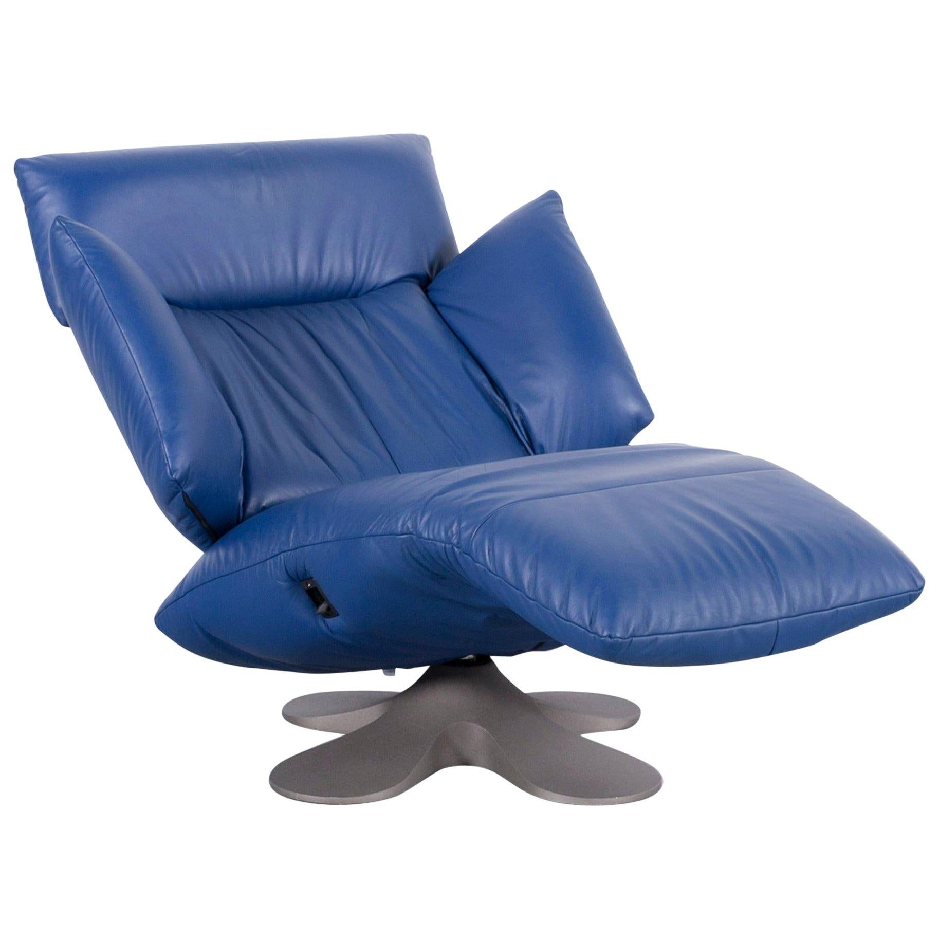 Ligne Roset Leather Armchair Blue One-Seat Couch For Sale