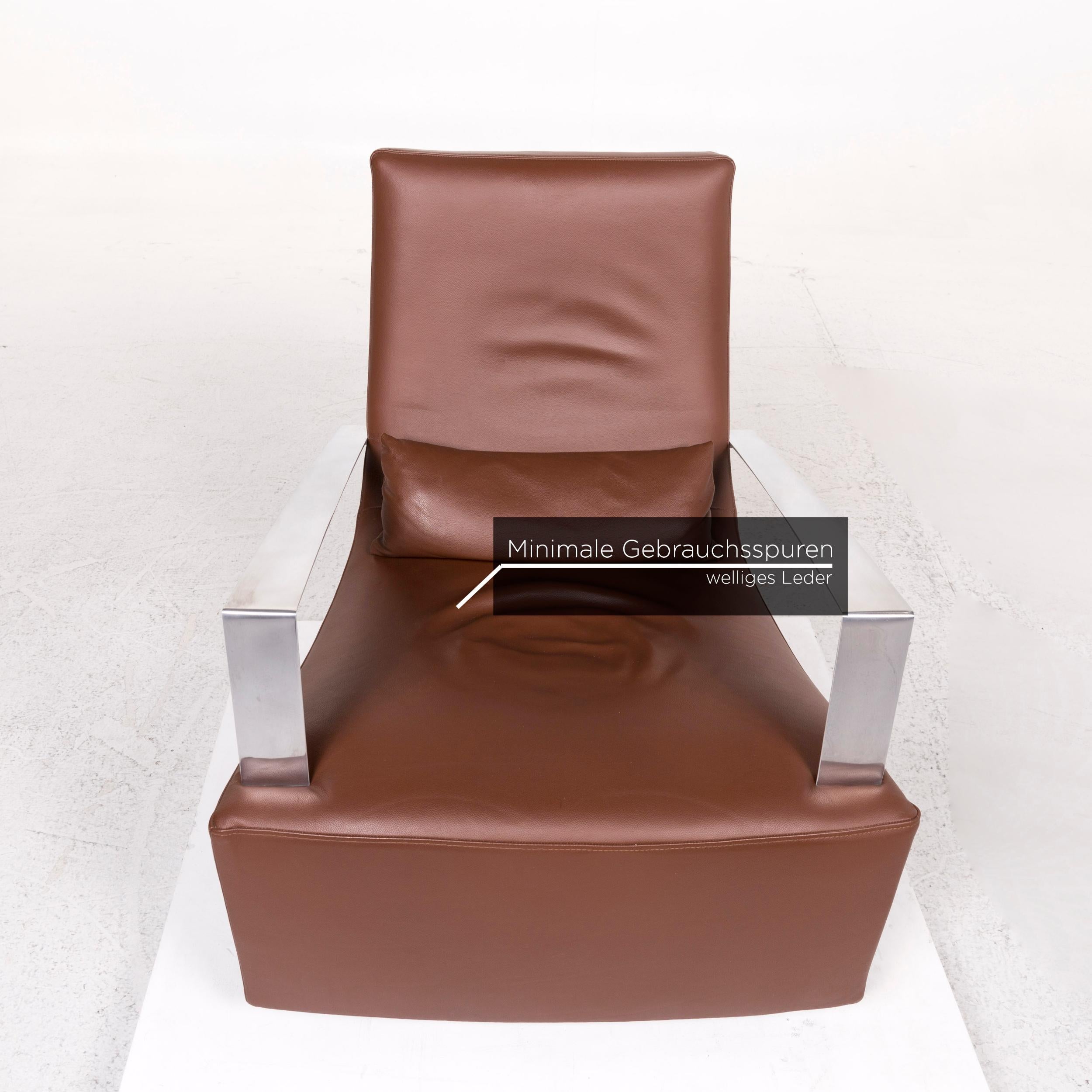 French Ligne Roset Leather Armchair Incl. Stool Brown Rocking Function For Sale