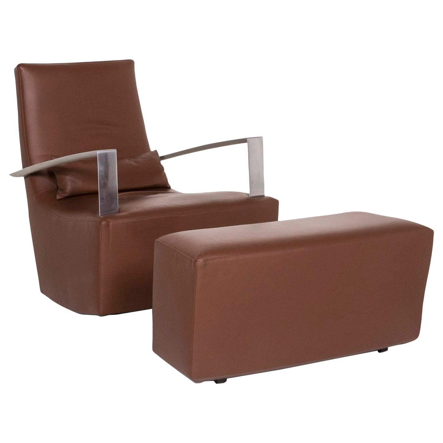 Ligne Roset Leather Armchair Incl. Stool Brown Rocking Function For Sale