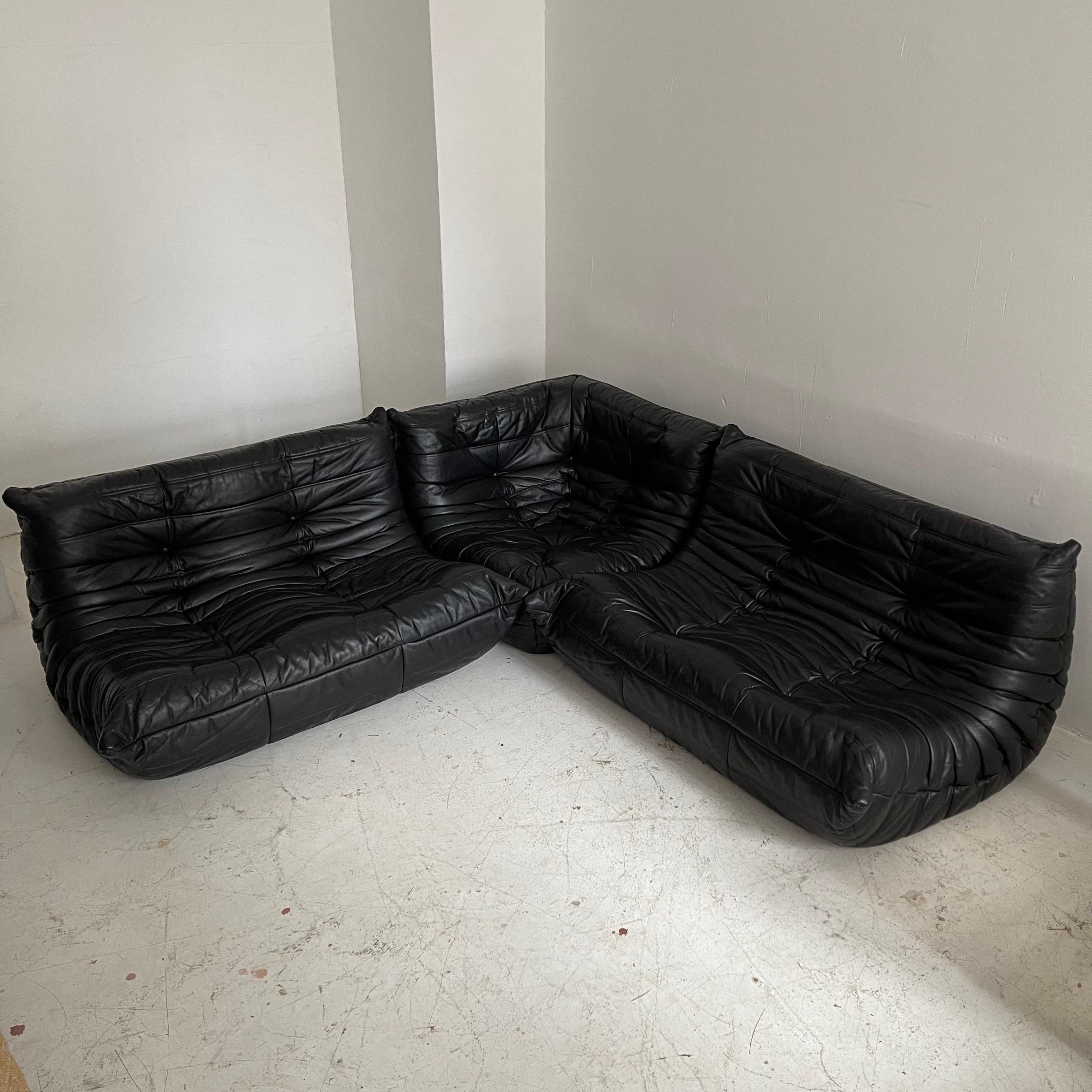 Ligne Roset leather Togo Michel Ducaroy signed, France, 1978. 100% Authentic with original Ligne Roset leather. Beat the Ligne Roset lead time for current production with our quick ship option with 7 day delivery time to the USA.