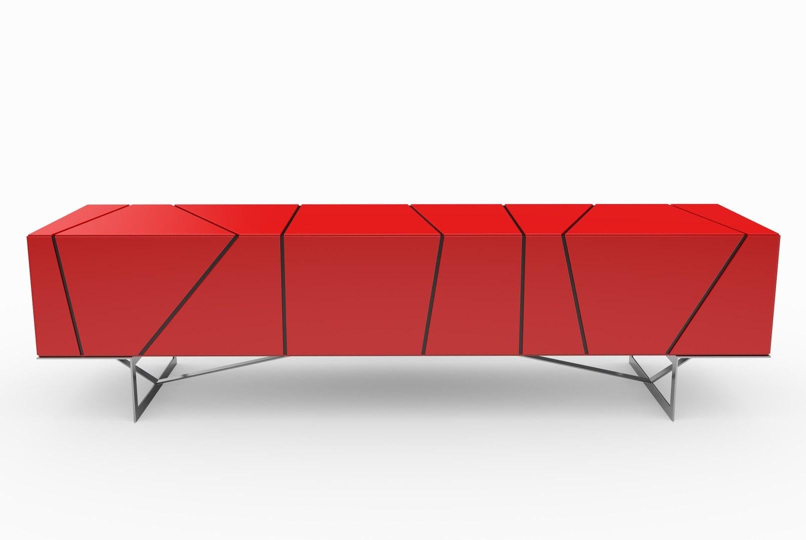Lines sideboard designed by Peter Maly for Ligne Roset with structure in panels of particleboard, lacquered glossy white. Interiors finished in satin white lacquer.

Base in 50 mm thick agglomerated panels, with adjustable jacks or underframe in