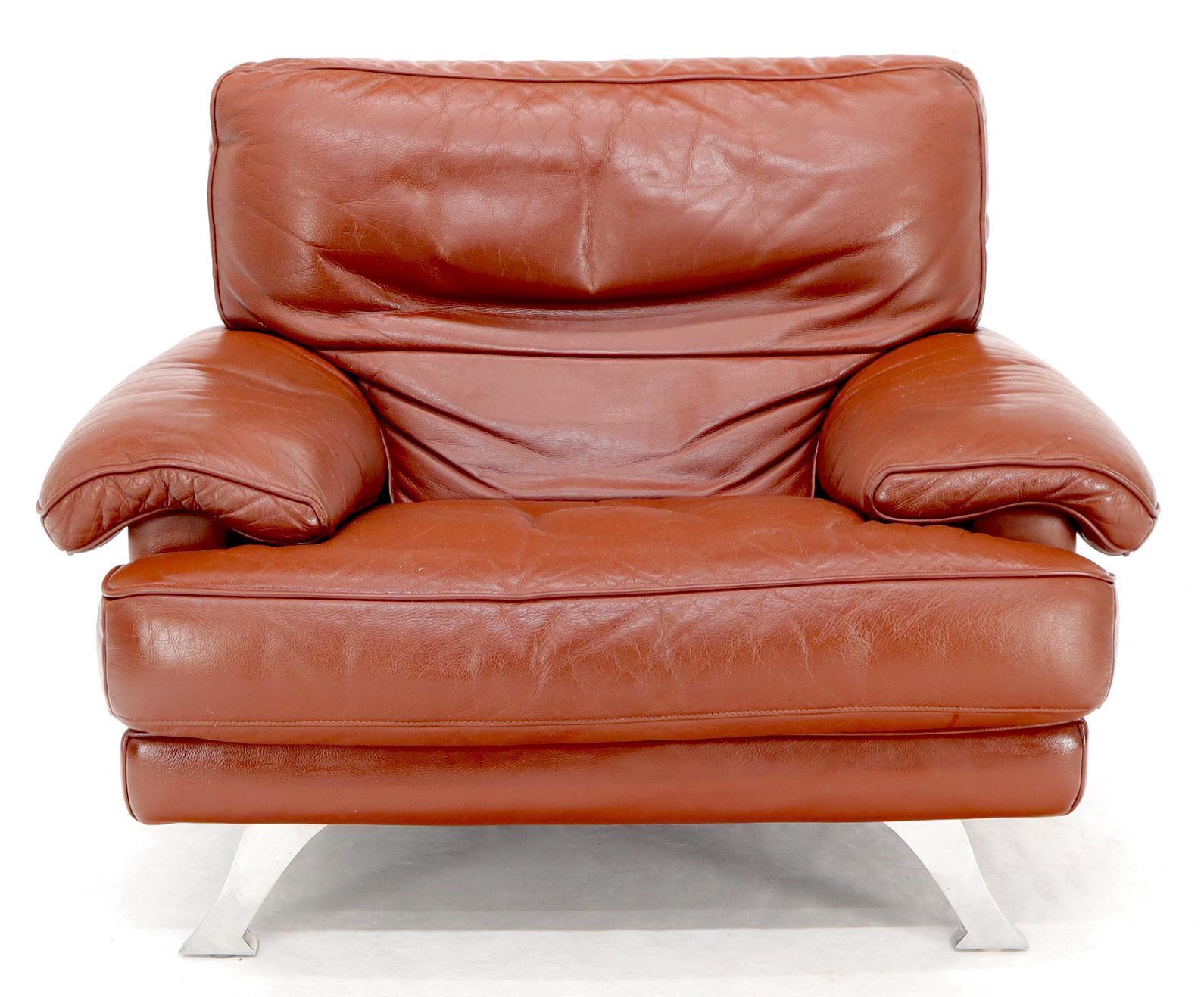 French Ligne Roset Made in France Wide Seat Browm Leather Lounge Chair For Sale