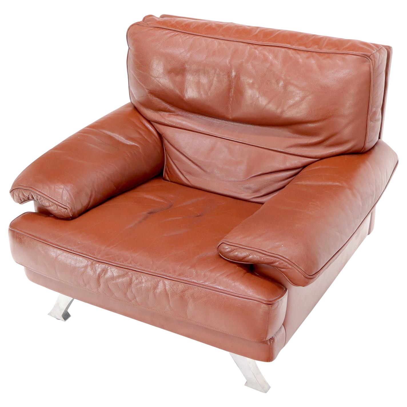 Ligne Roset Made in France Wide Seat Browm Leather Lounge Chair For Sale