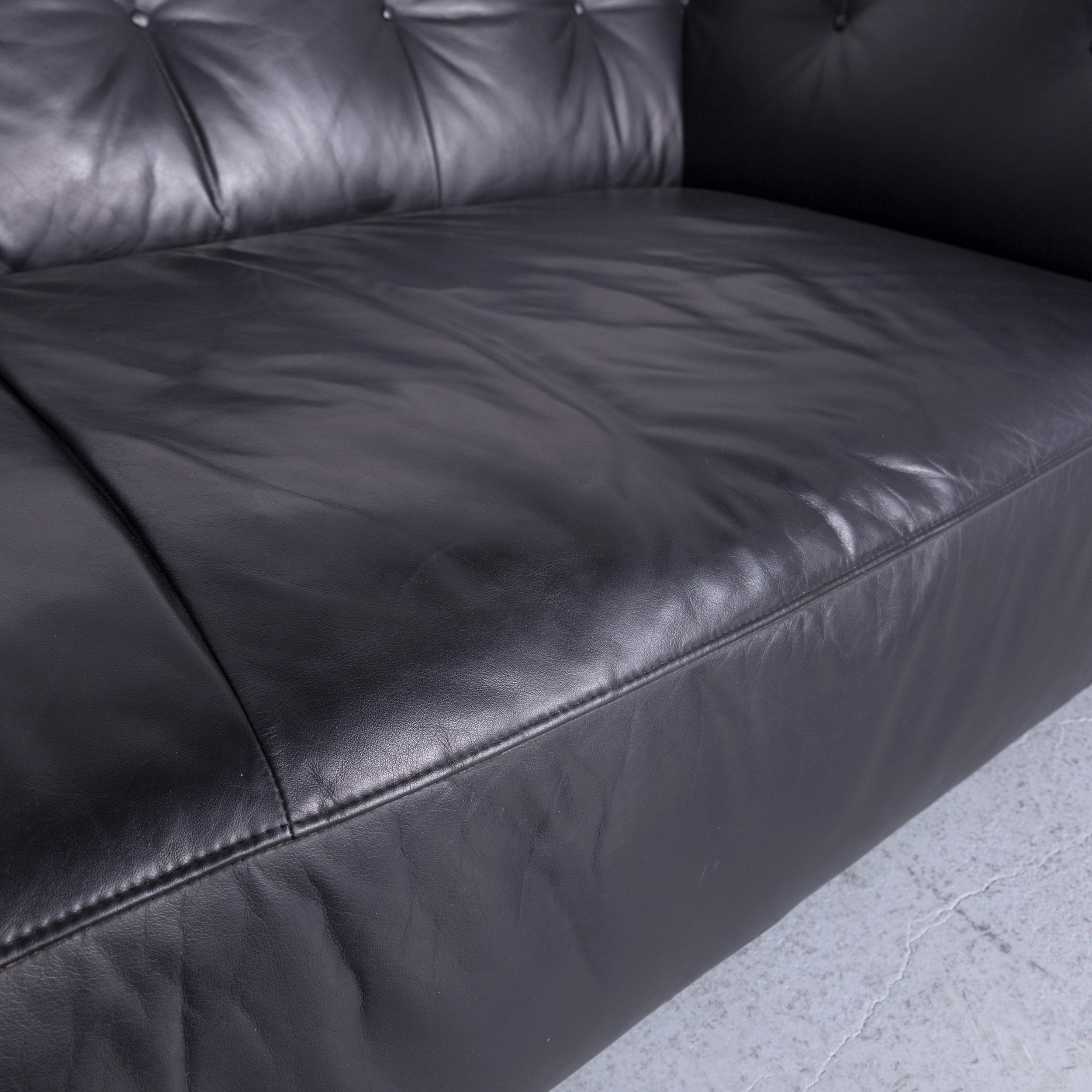 French Ligne Roset Malhoun Designer Leather Sofa Black Three-Seat Couch