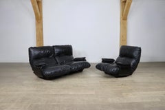 Ligne Roset Marsala Sofa and Lounge Chair in Black Leather by Michel Ducaroy