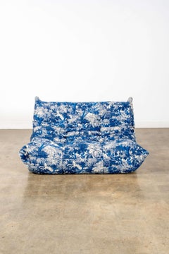 Ligne Roset Newly Upholstered 2-Seater Blue Floral TOGO by Michel Ducaroy