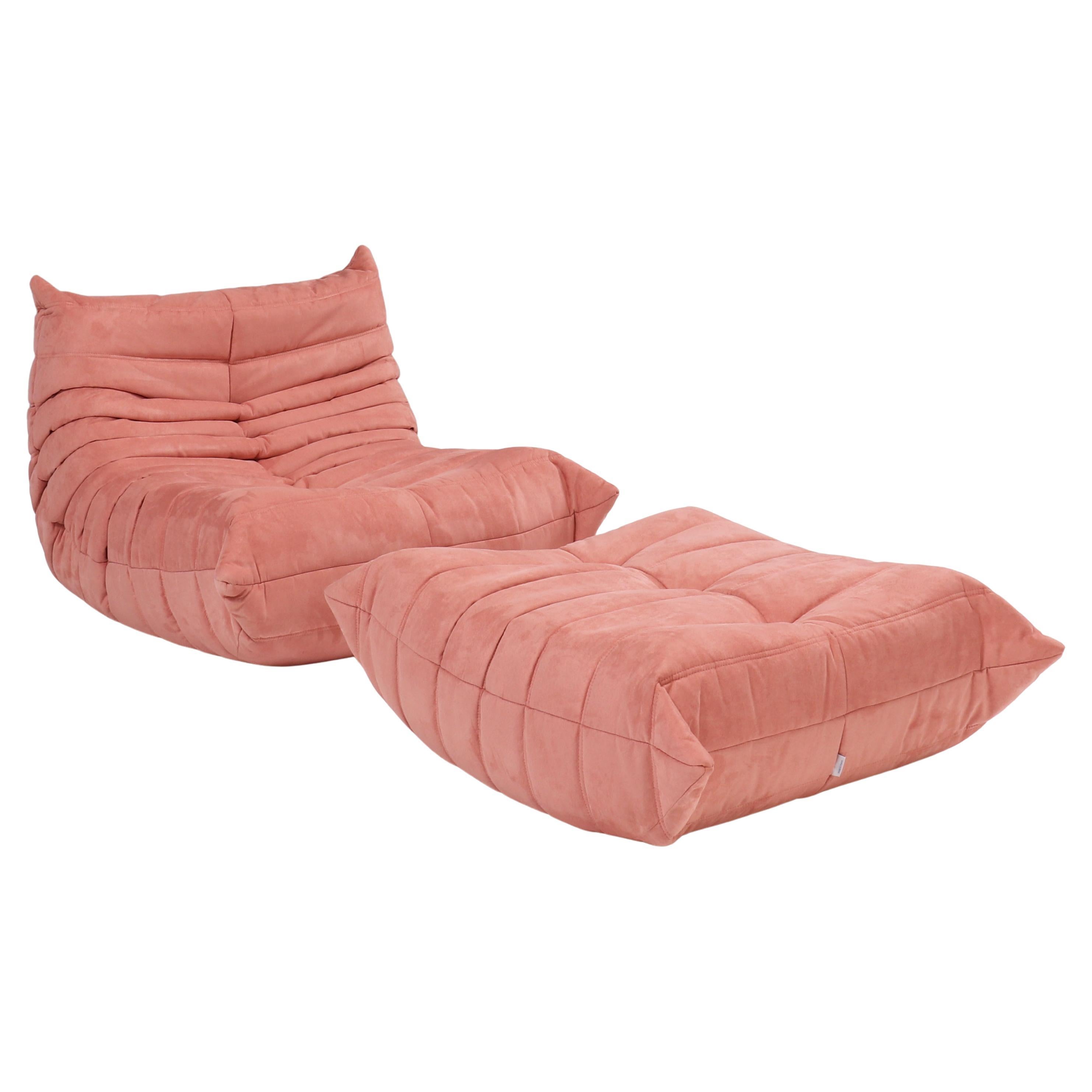 Ligne Roset Pink Togo Armchair and Footstool by Michel Ducaroy, Set of Two