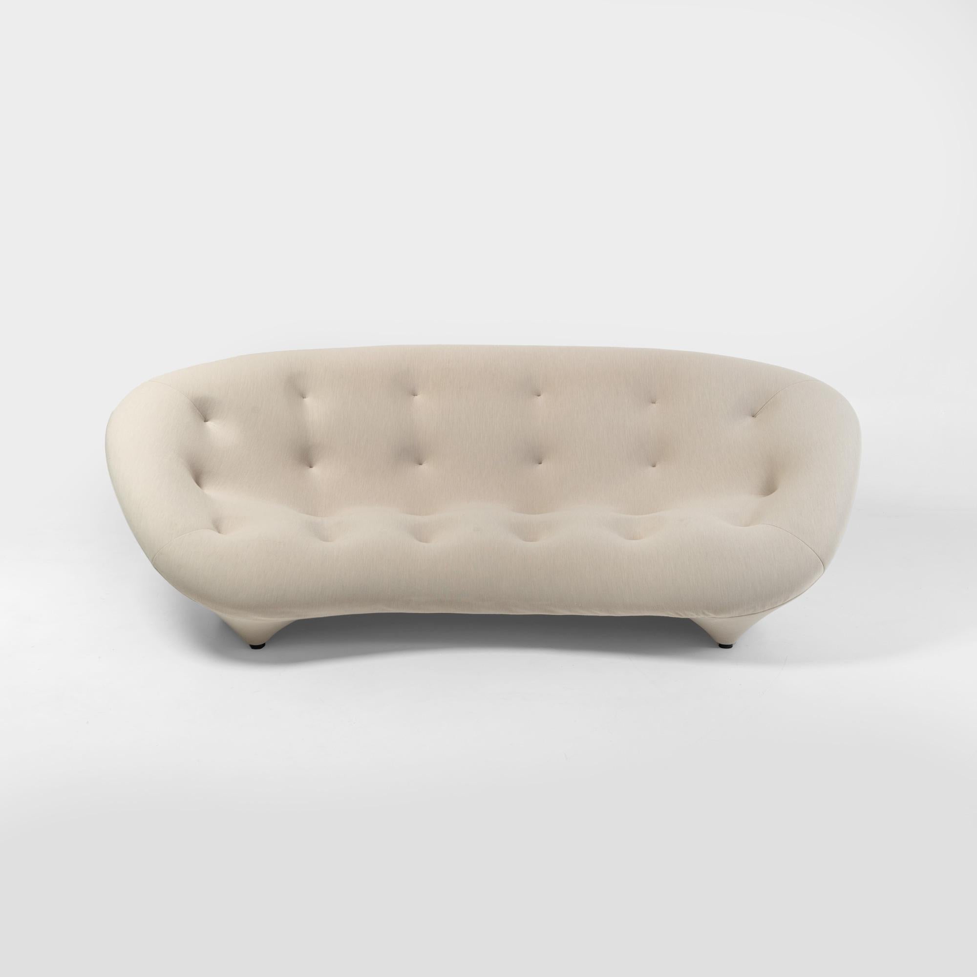 Organic Modern Ligne Roset Ploum 3 Seater High Back Sofa in Off-White/Cream Wool Fabric For Sale