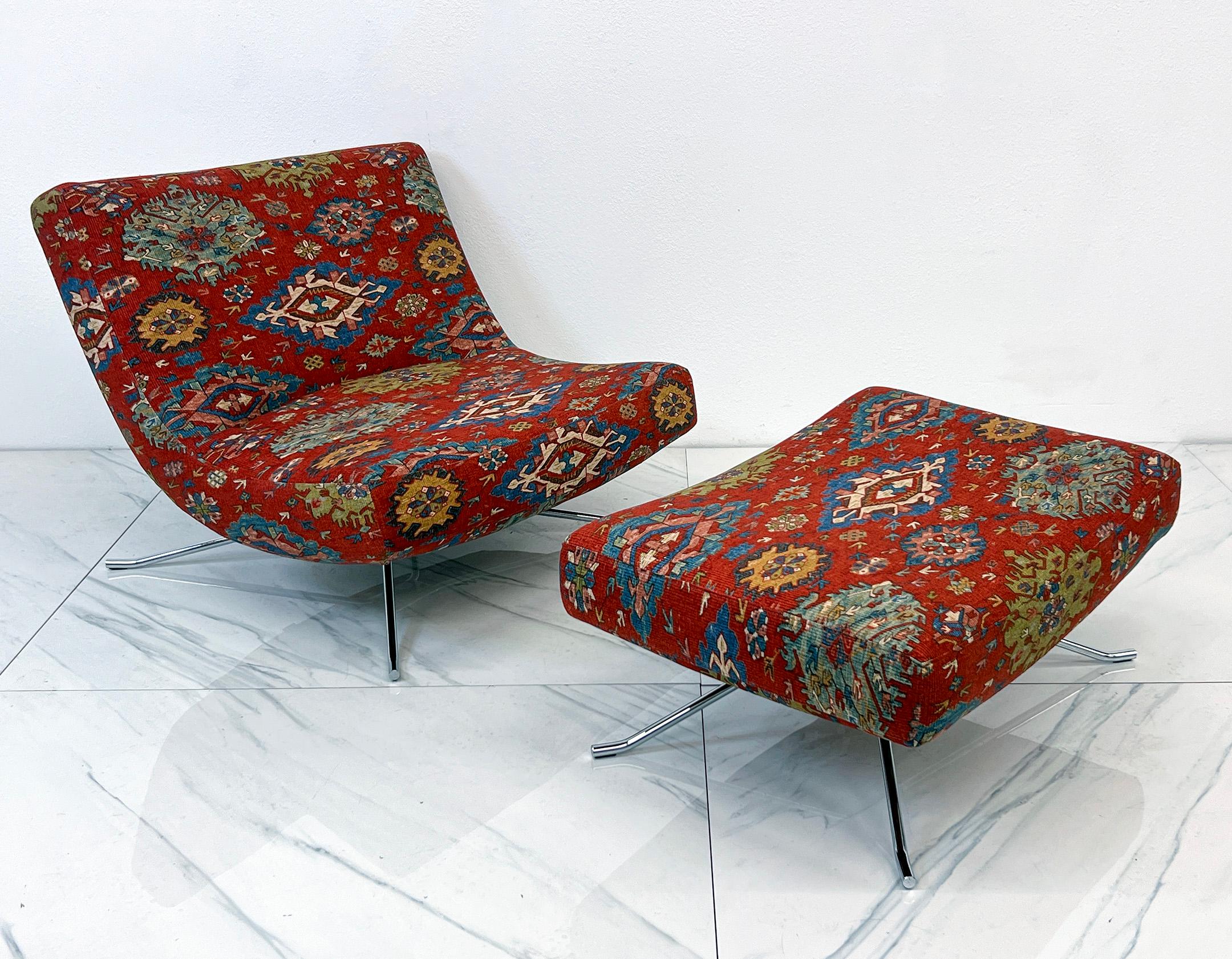 French Ligne Roset Pop Chair and Ottoman in Vintage Ralph Lauren Ibiza Fabric