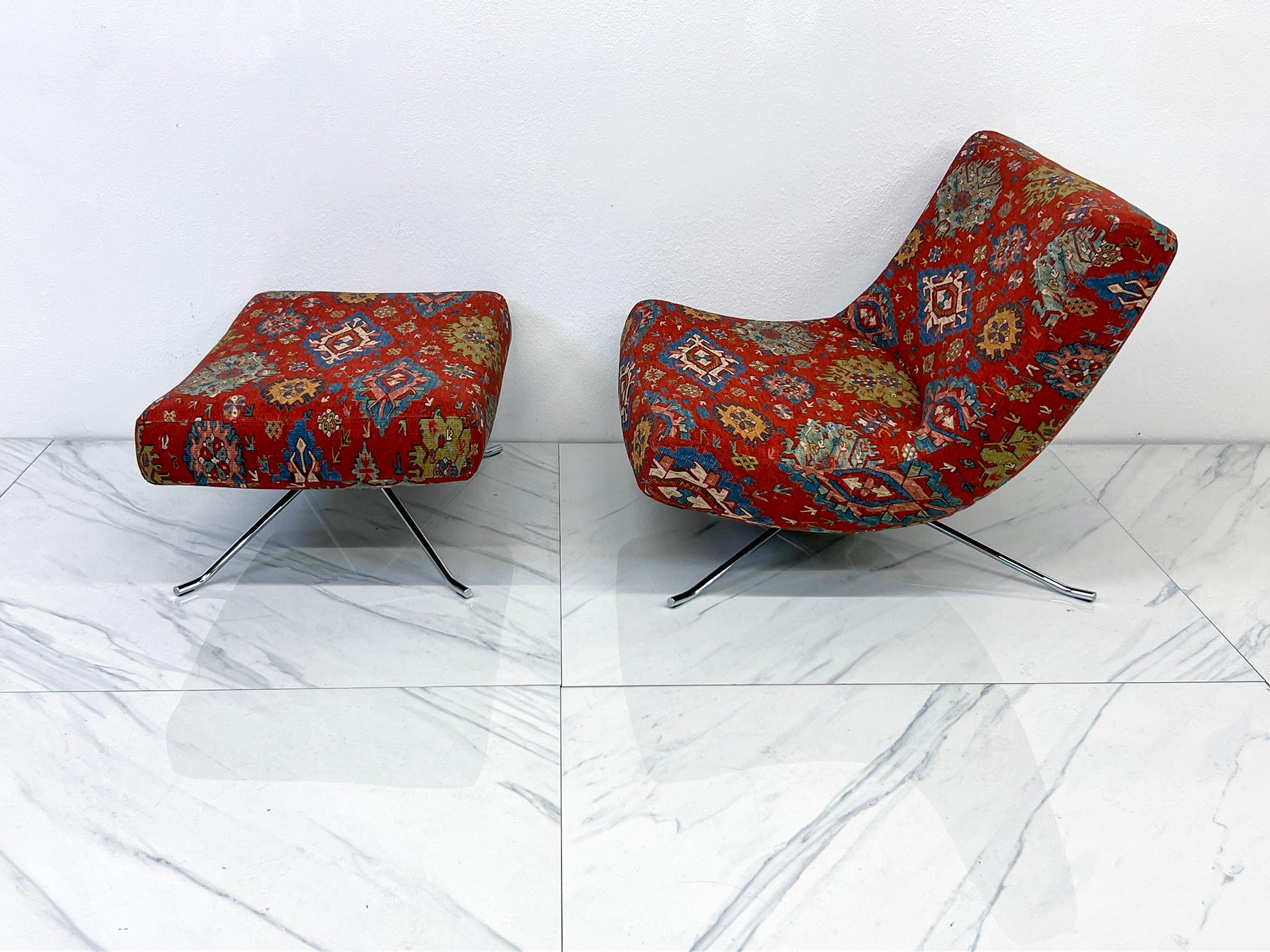 Steel Ligne Roset Pop Chair and Ottoman in Vintage Ralph Lauren Ibiza Fabric