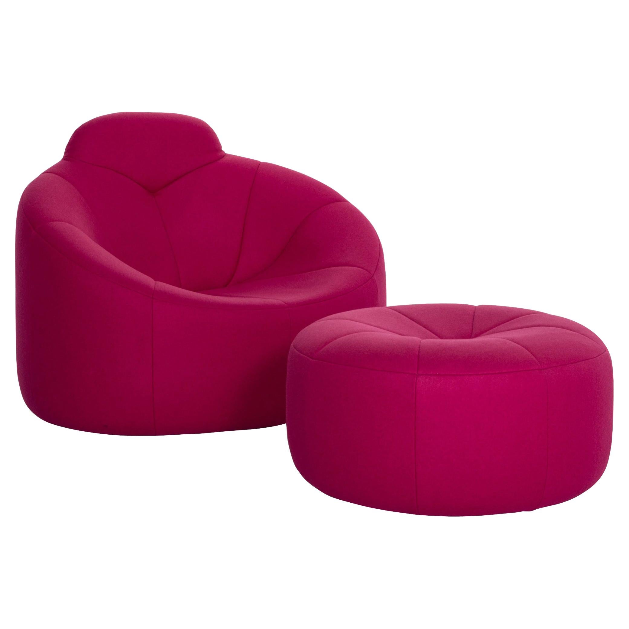 Ligne Roset Pumpkin Fabric Armchair Including Footstool Pink
