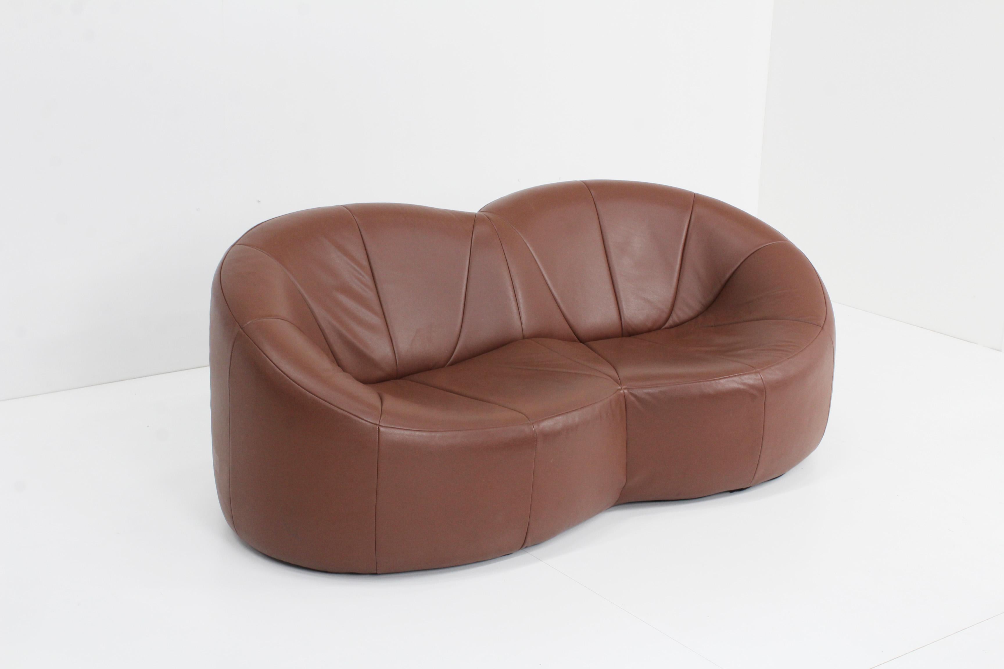 Ligne Roset Pumpkin 2-seater sofa designed by Pierre Paulin for Ligne Roset. In its original brown leather. The leather is in a very good condition with traces of use consistent with age, very minimal. 

The pumpkin collection is known for its