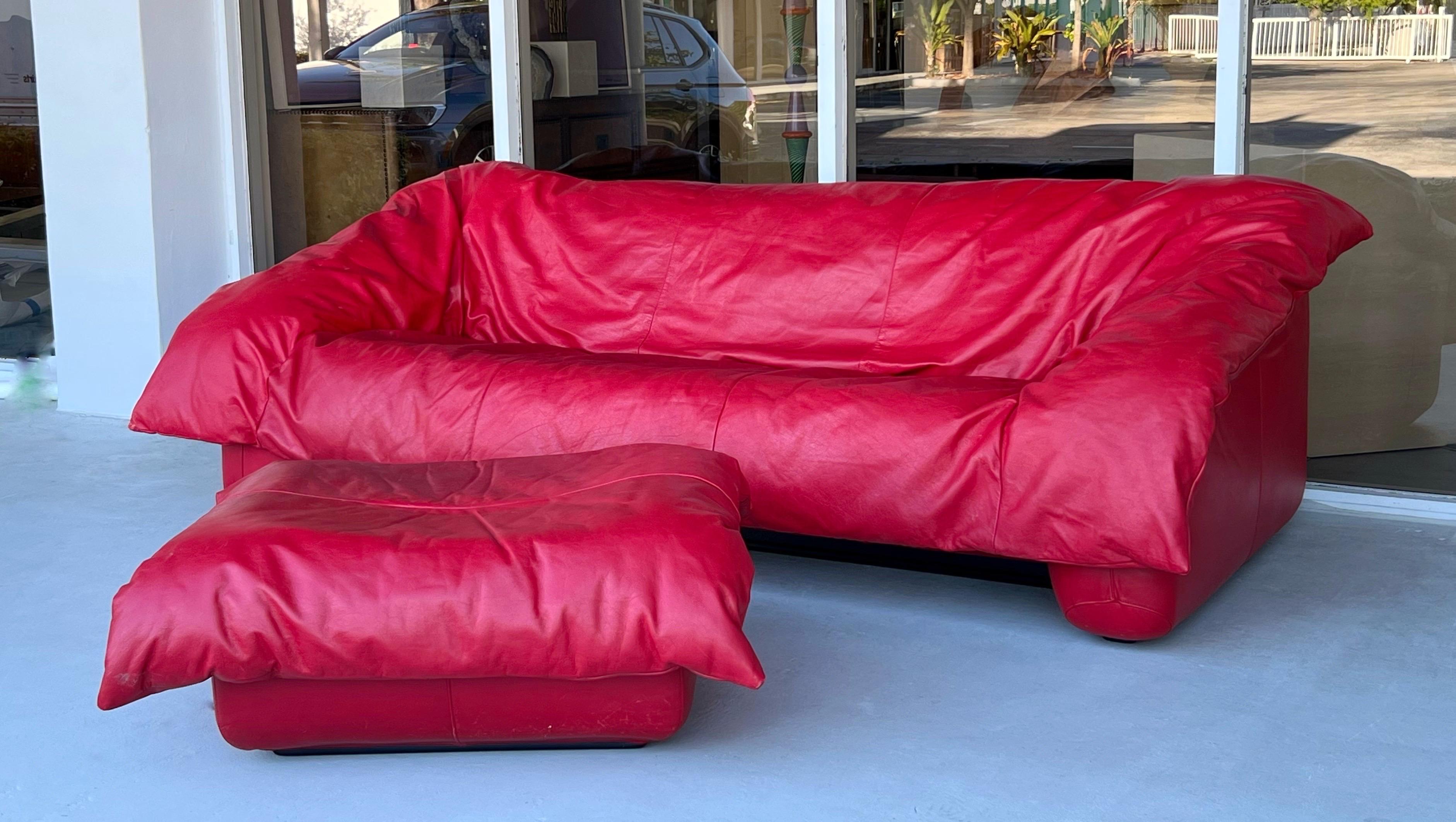 Ligne Roset Red Leather Flou Flou Sofa and Ottoman by D’Urbino De Pas Lomazzi 3