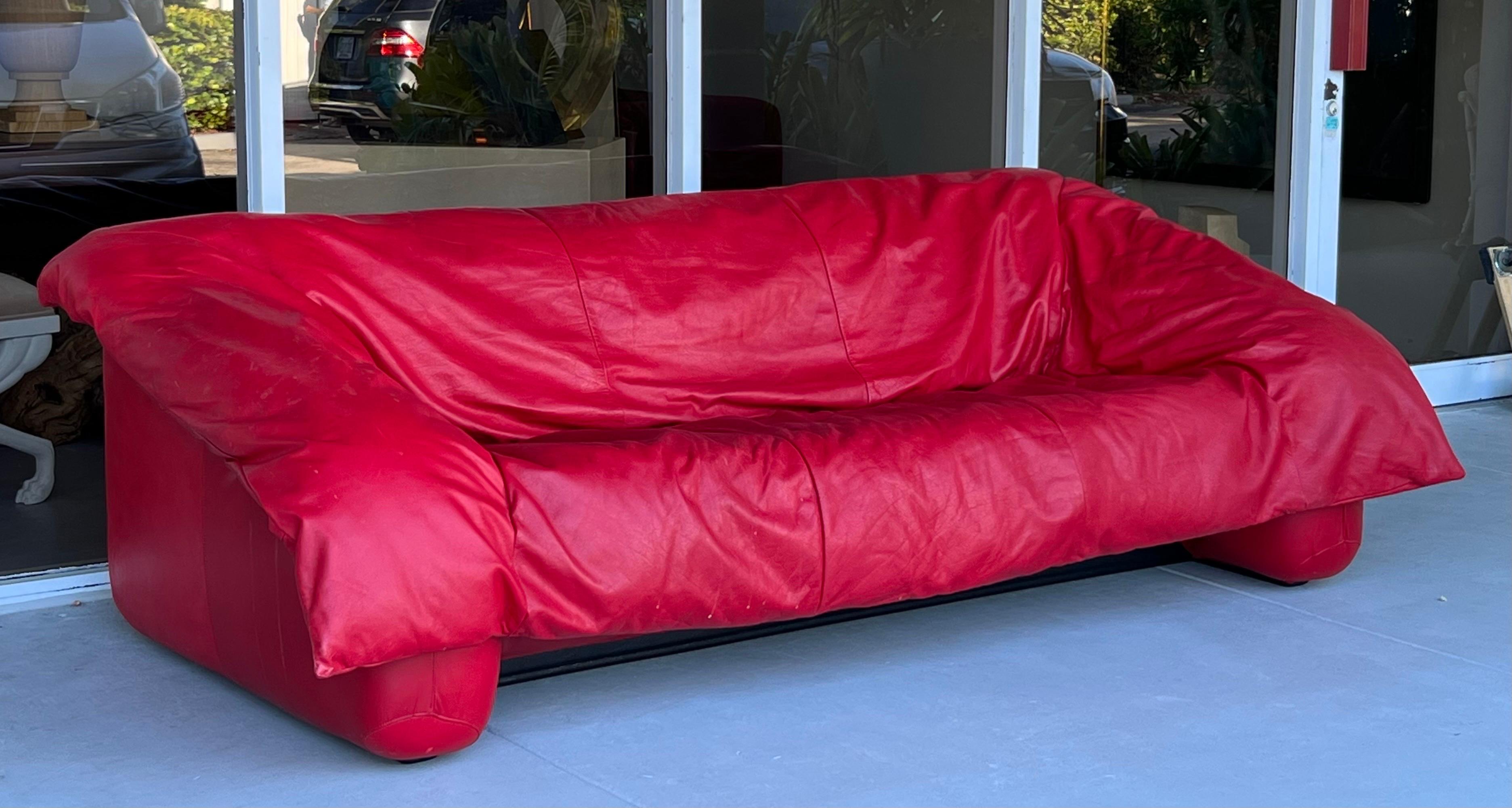 Ligne Roset Red Leather Flou Flou Sofa and Ottoman by D’Urbino De Pas Lomazzi 5