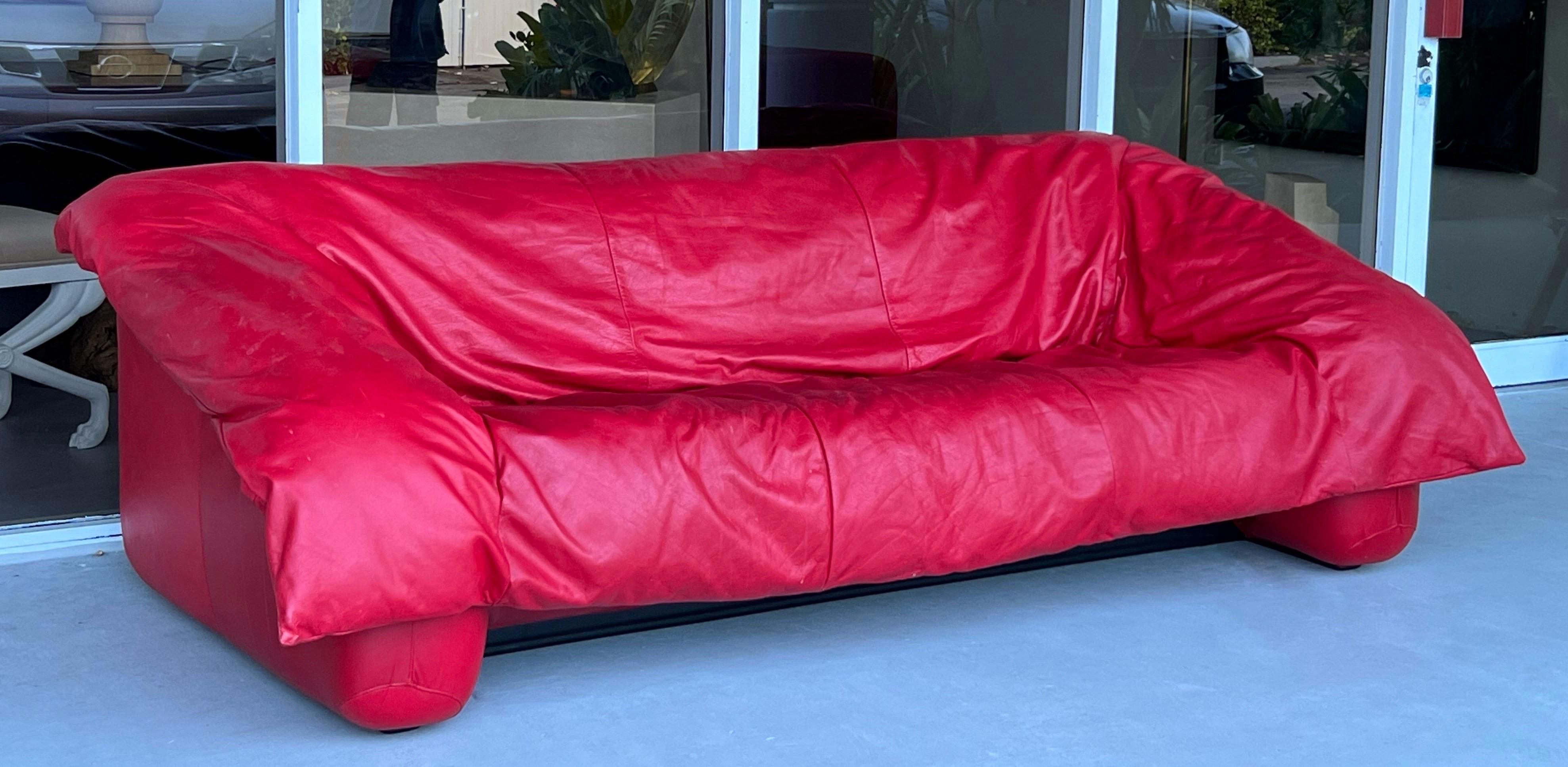 French Ligne Roset Red Leather Flou Flou Sofa and Ottoman by D’Urbino De Pas Lomazzi