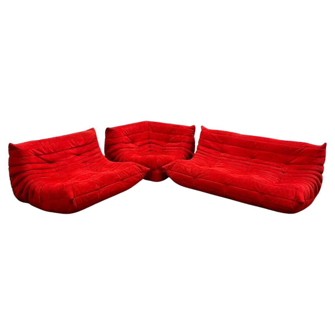 Ligne Roset Red Modular Togo Sofa by Michel Ducaroy, Set of Three