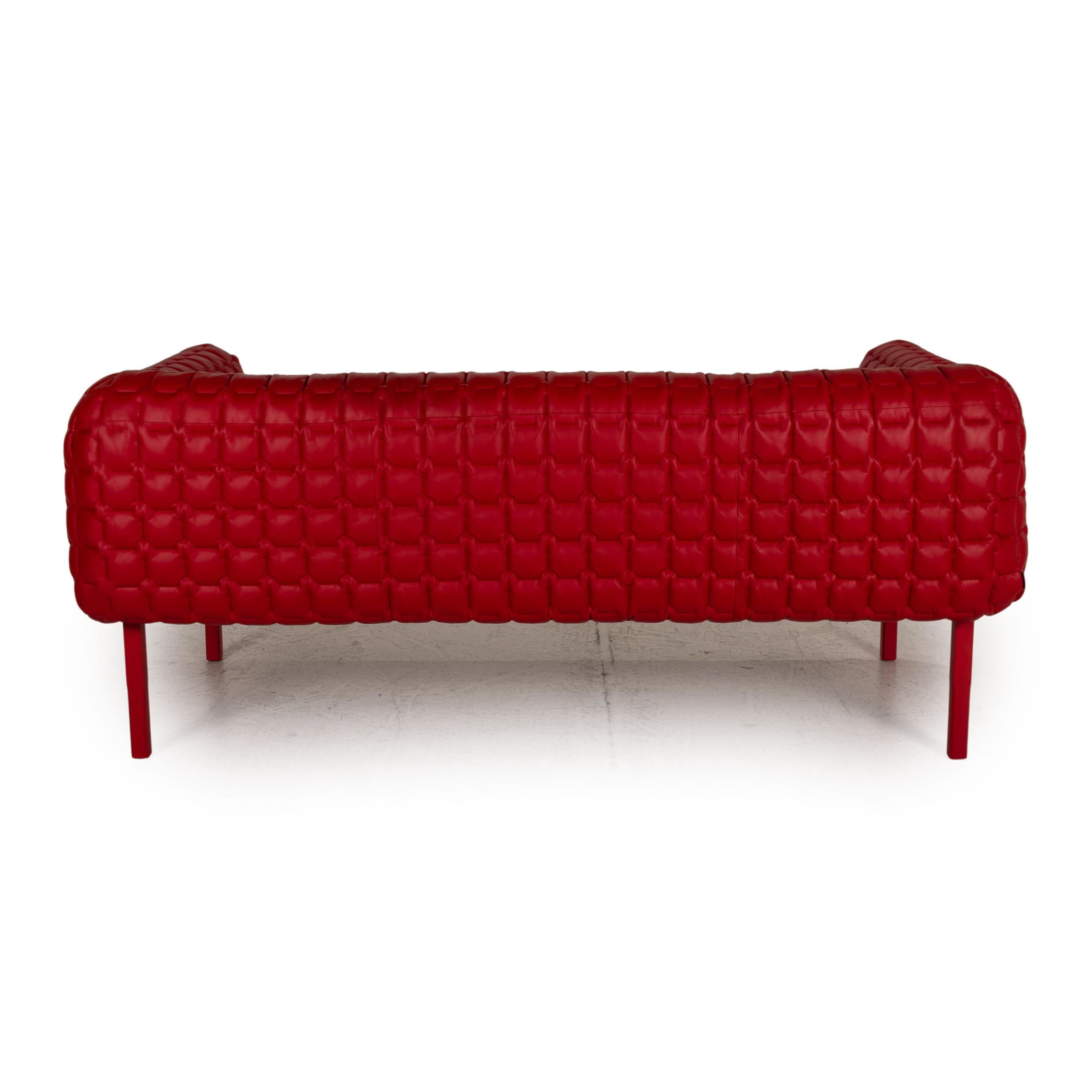 Ligne Roset Ruché Leather Sofa Red Three-Seater Couch In Fair Condition In Cologne, DE
