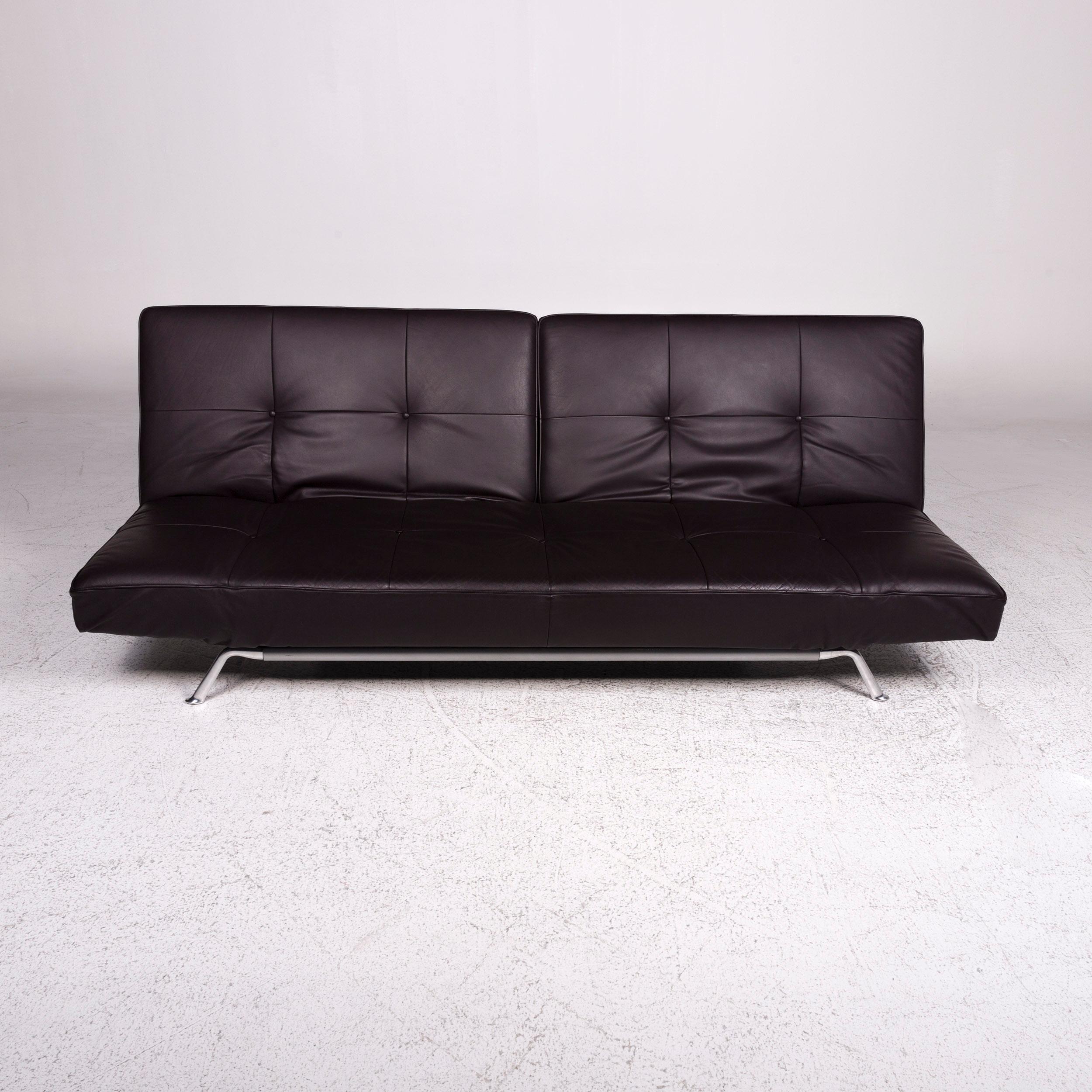 French Ligne Roset Smala Leather Sofa Eggplant Two-Seat Sofa Bed Function Couch