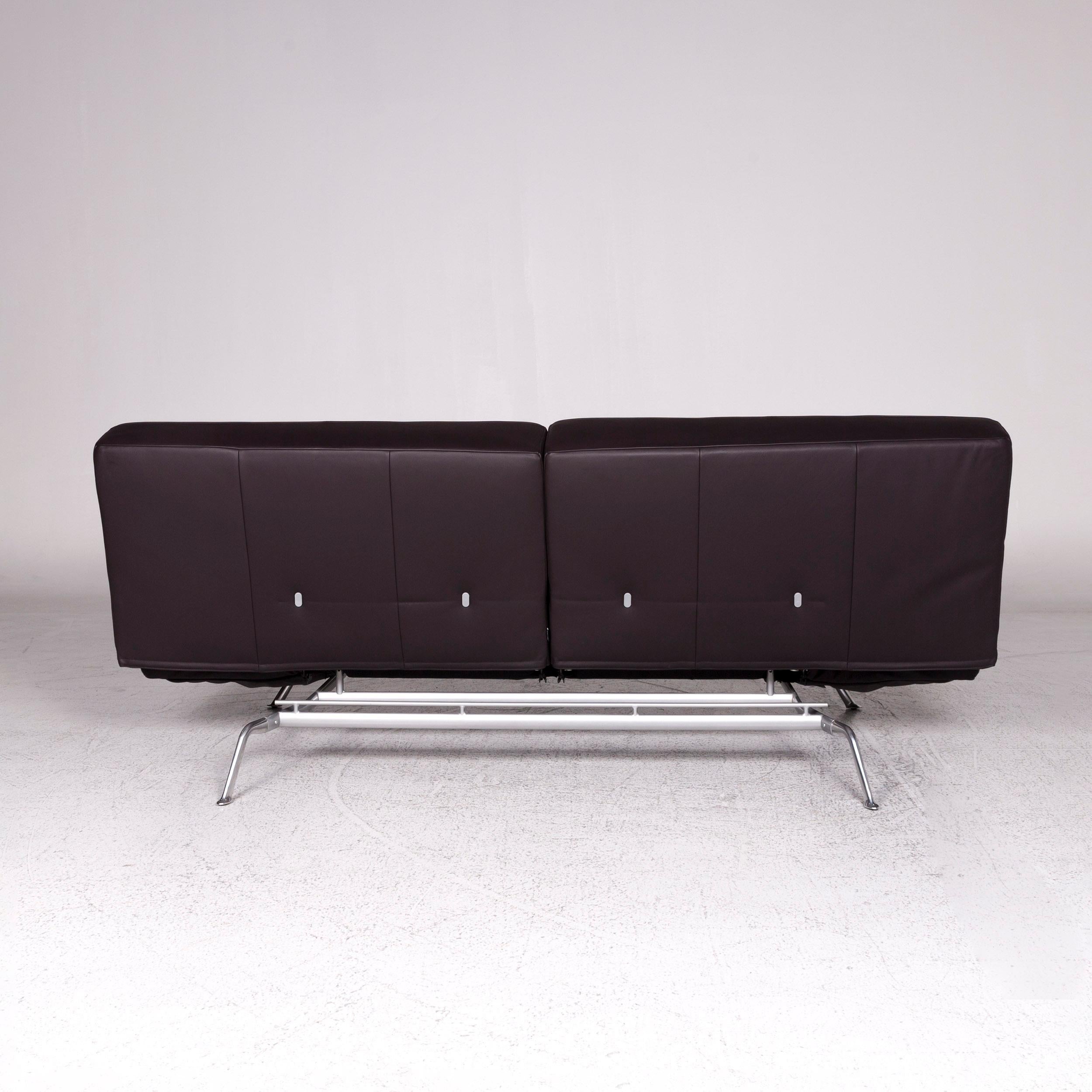 Contemporary Ligne Roset Smala Leather Sofa Eggplant Two-Seat Sofa Bed Function Couch