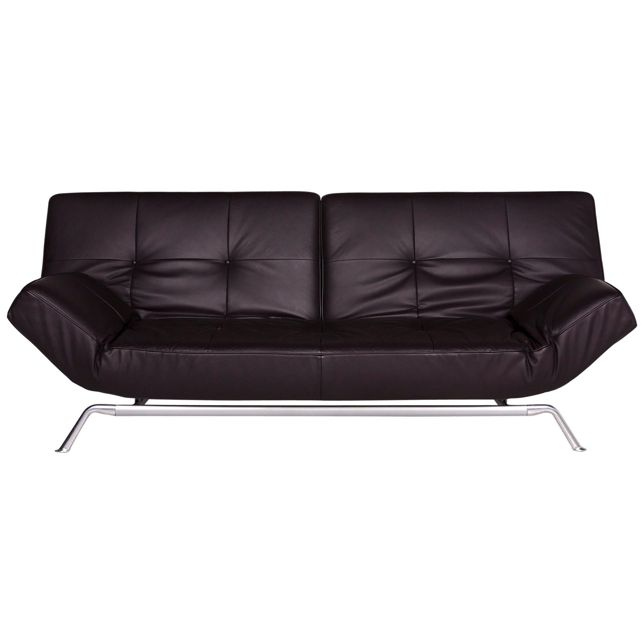 Ligne Roset Smala Leather Sofa Eggplant Two-Seat Sofa Bed Function Couch