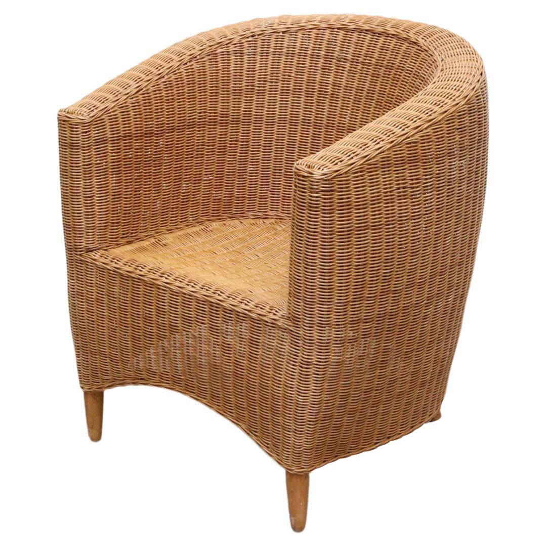 Ligne Roset Style Curved Woven Rattan Basket Lounge Chair with Oak Front Legs
