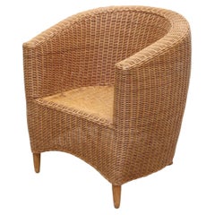 Vintage Ligne Roset Style Curved Woven Rattan Basket Lounge Chair with Oak Front Legs