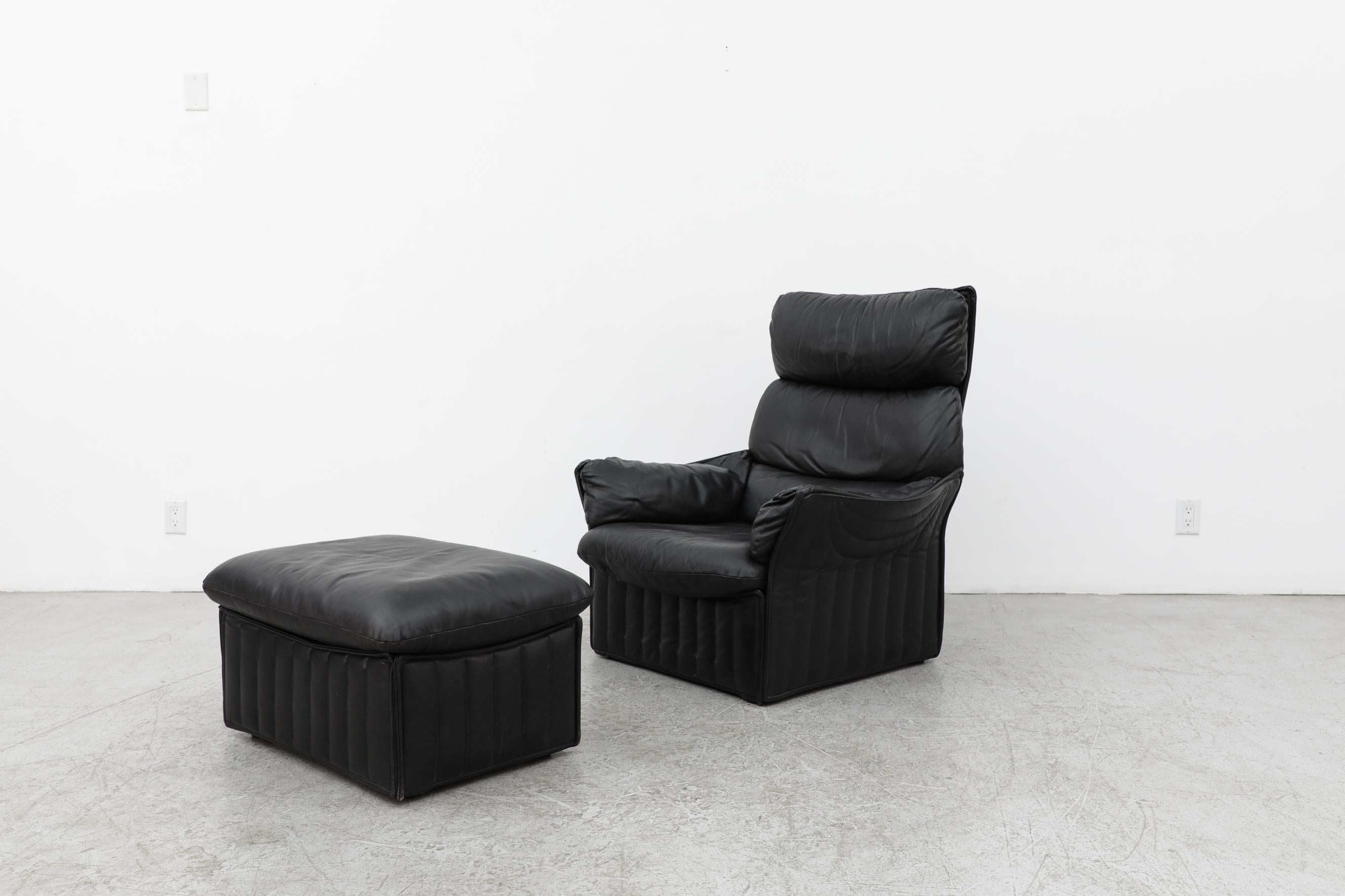Mid-Century Modern Ligne Roset Style Highback Black Leather Lounge Chair