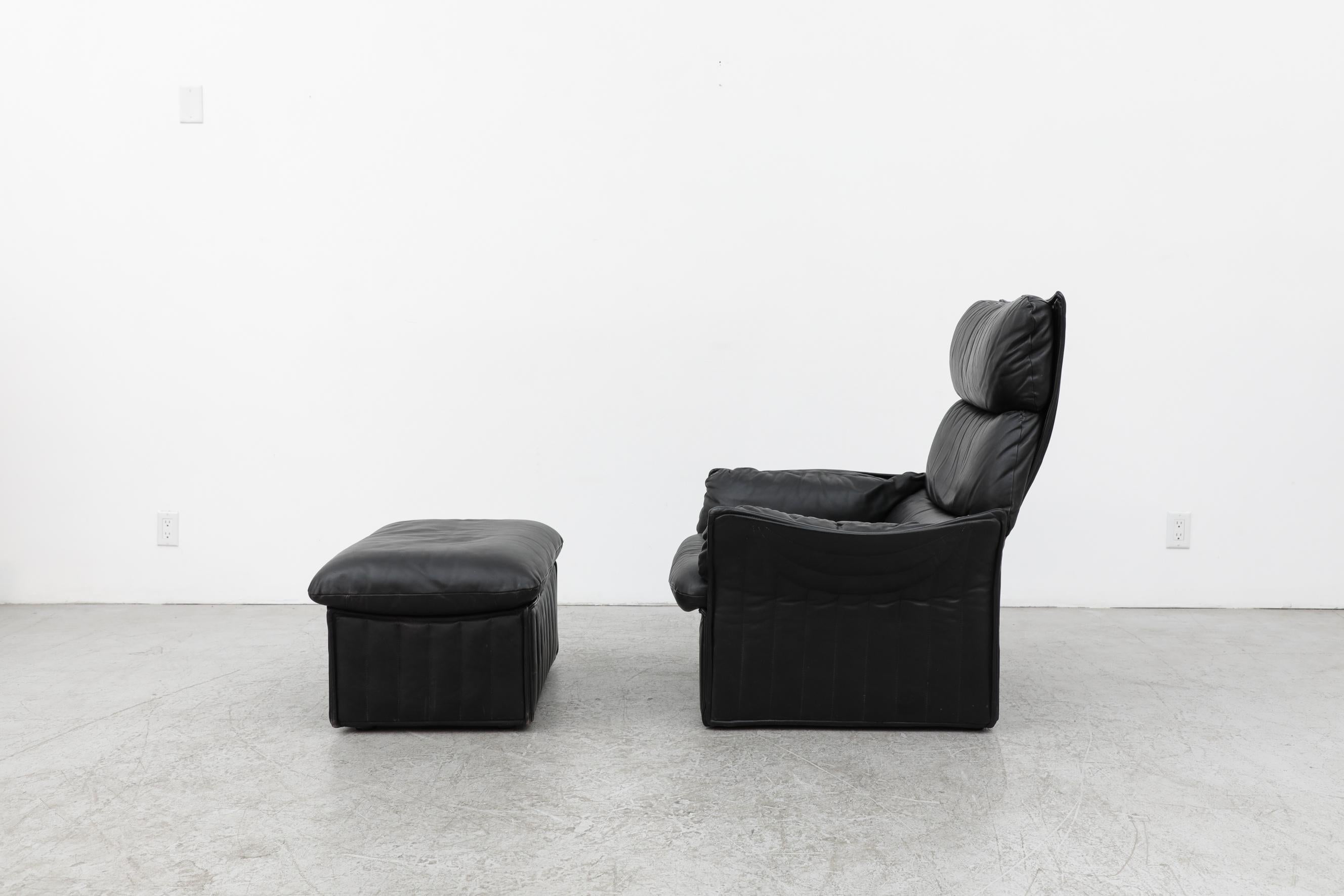 Italian Ligne Roset Style Highback Black Leather Lounge Chair