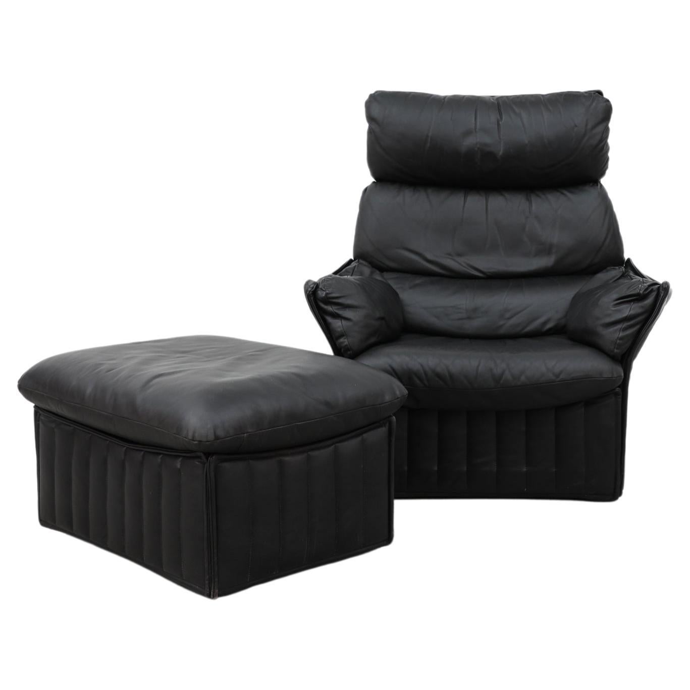 Ligne Roset Style Highback Black Leather Lounge Chair