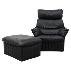 Ligne Roset Style Highback Black Leather Lounge Chair and Ottoman