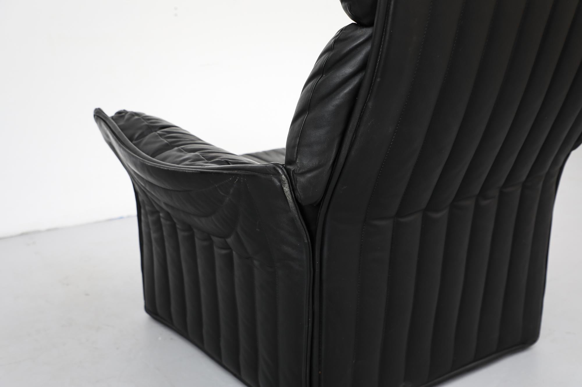 Mid-Century Ligne Roset Style High Back Black Leather Lounge Chair by Molinari For Sale 3