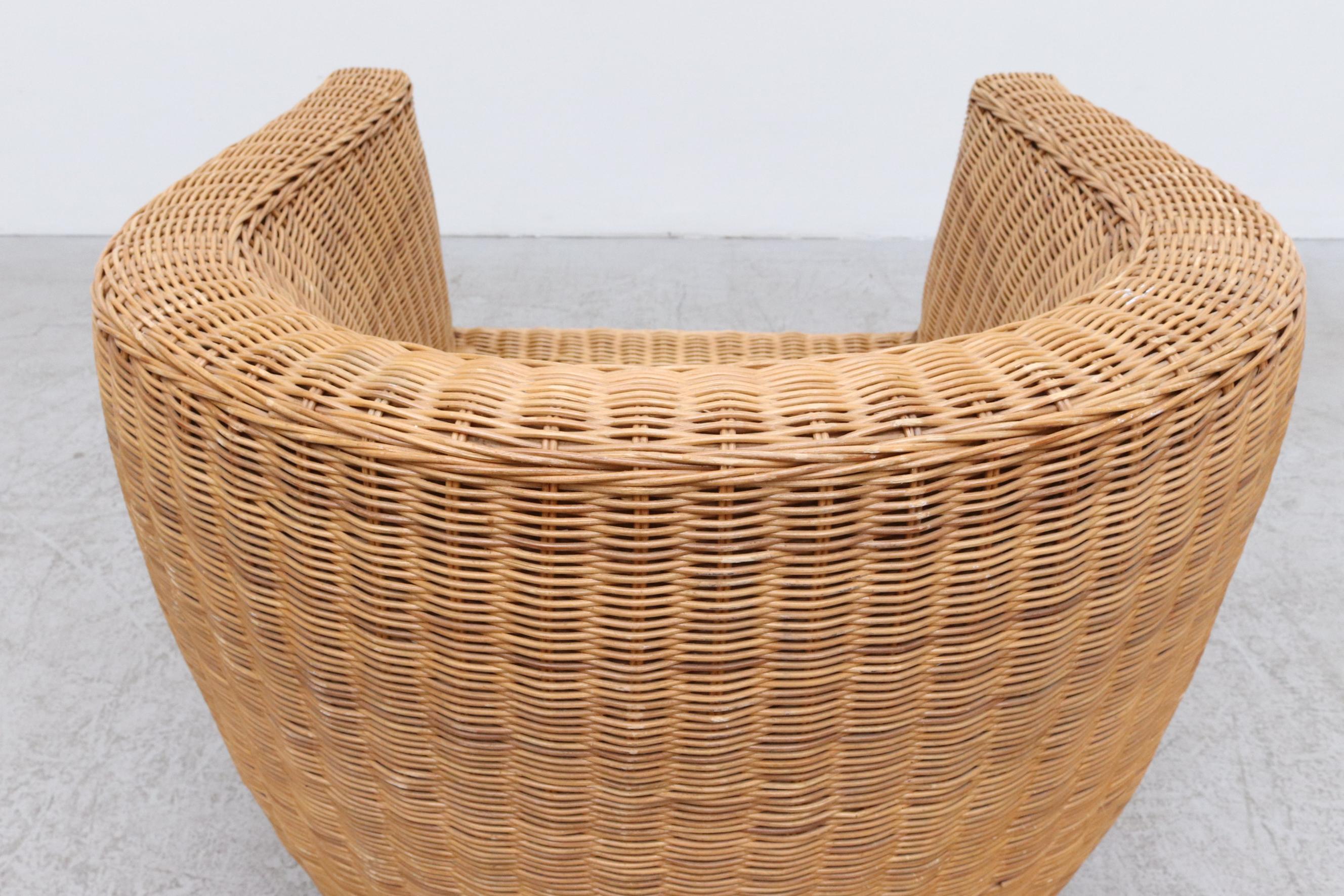 Ligne Roset Style Curved Woven Rattan Basket Lounge Chair with Oak Front Legs 3