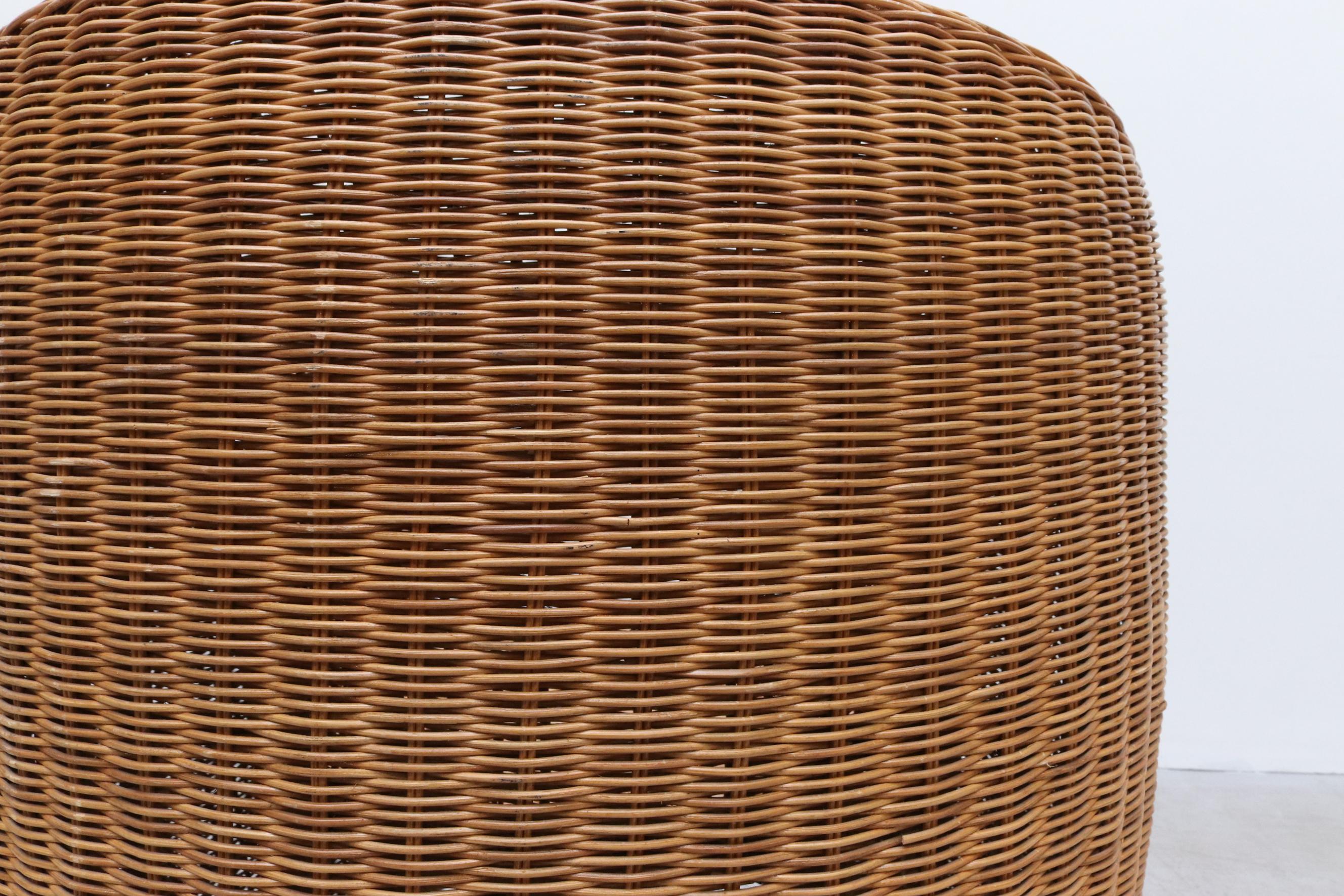 Ligne Roset Style Curved Woven Rattan Basket Lounge Chair with Oak Front Legs 4
