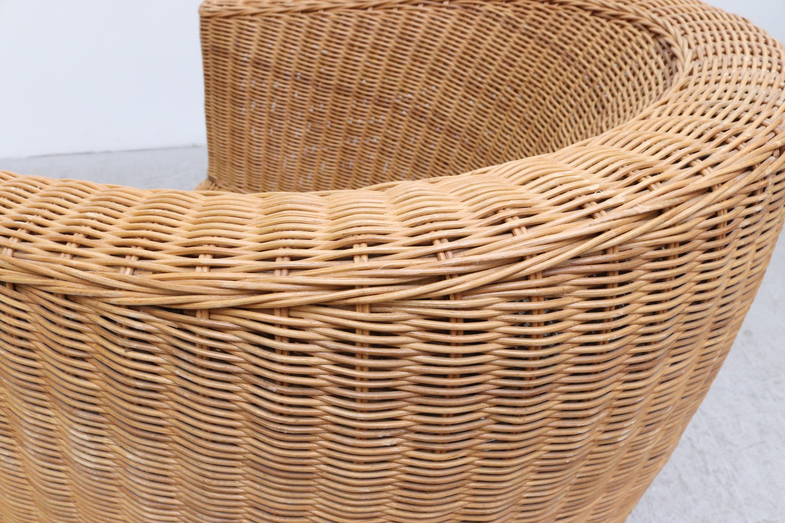 Ligne Roset Style Curved Woven Rattan Basket Lounge Chair with Oak Front Legs 8