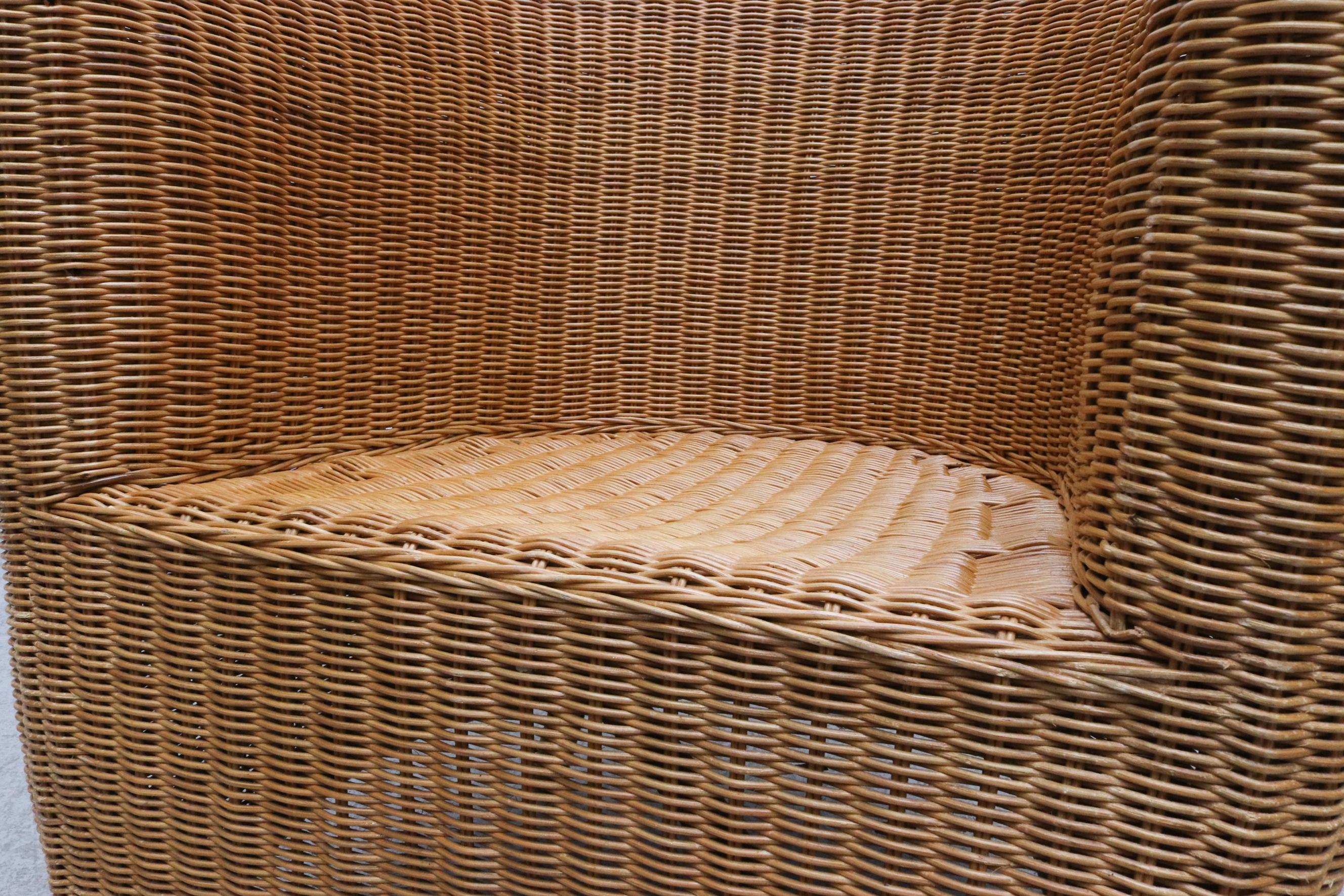 Ligne Roset Style Curved Woven Rattan Basket Lounge Chair with Oak Front Legs 12