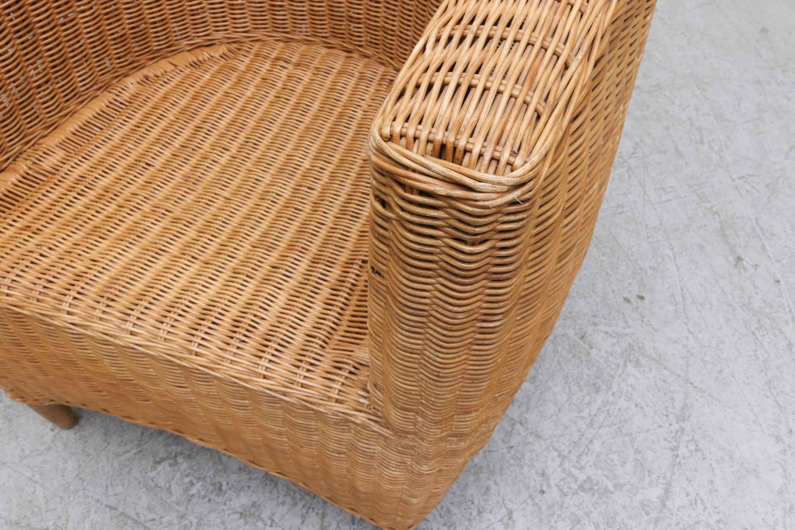 Ligne Roset Style Curved Woven Rattan Basket Lounge Chair with Oak Front Legs 13