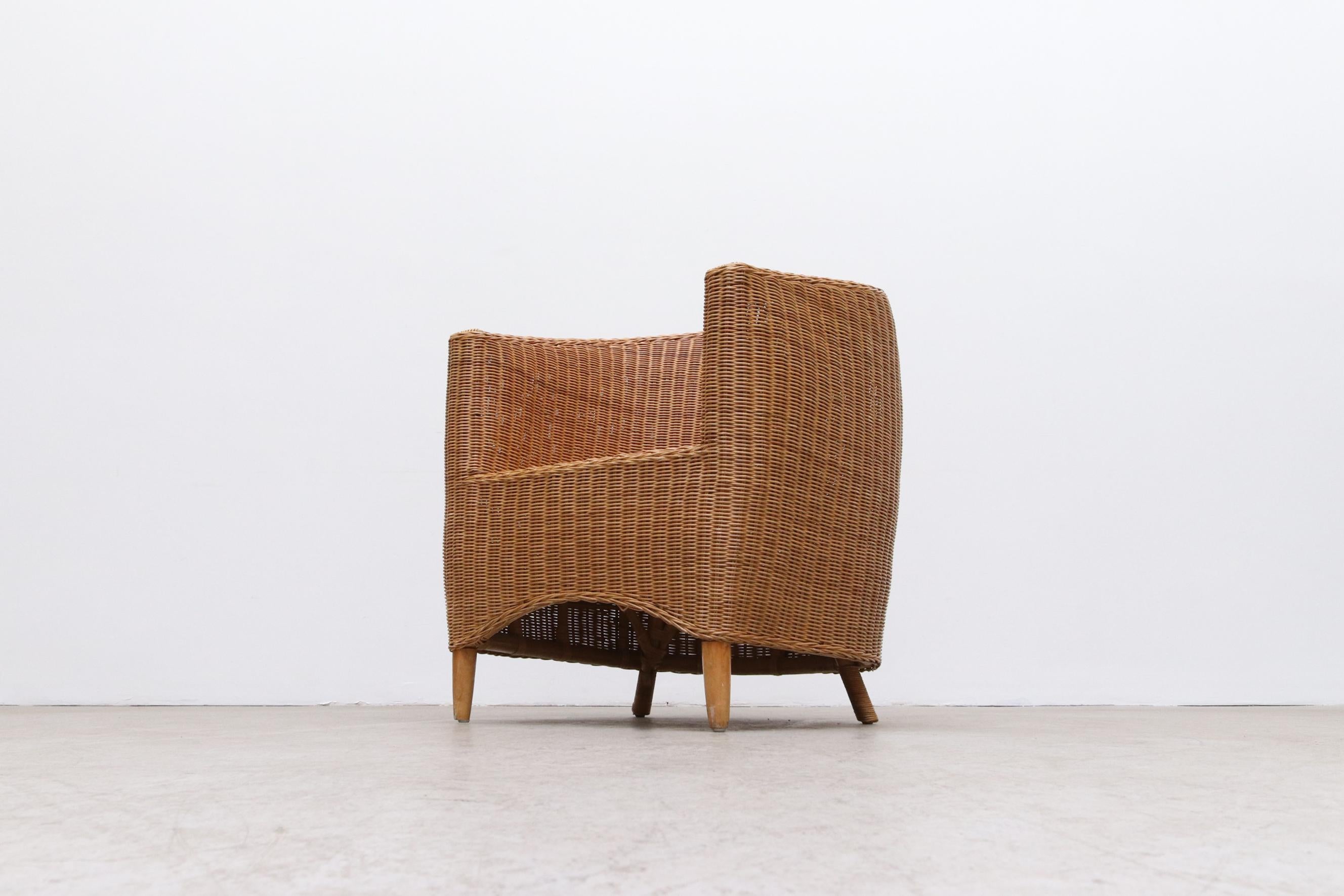 Dutch Ligne Roset Style Curved Woven Rattan Basket Lounge Chair with Oak Front Legs