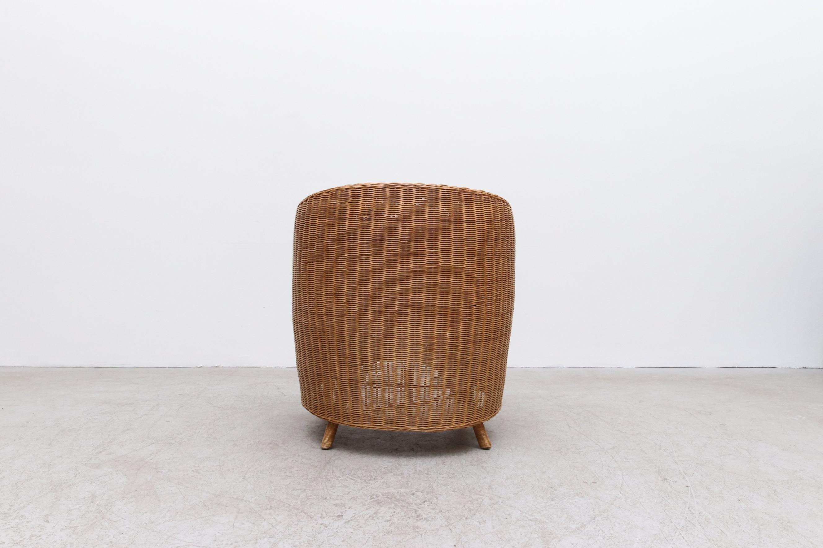 Ligne Roset Style Curved Woven Rattan Basket Lounge Chair with Oak Front Legs 1