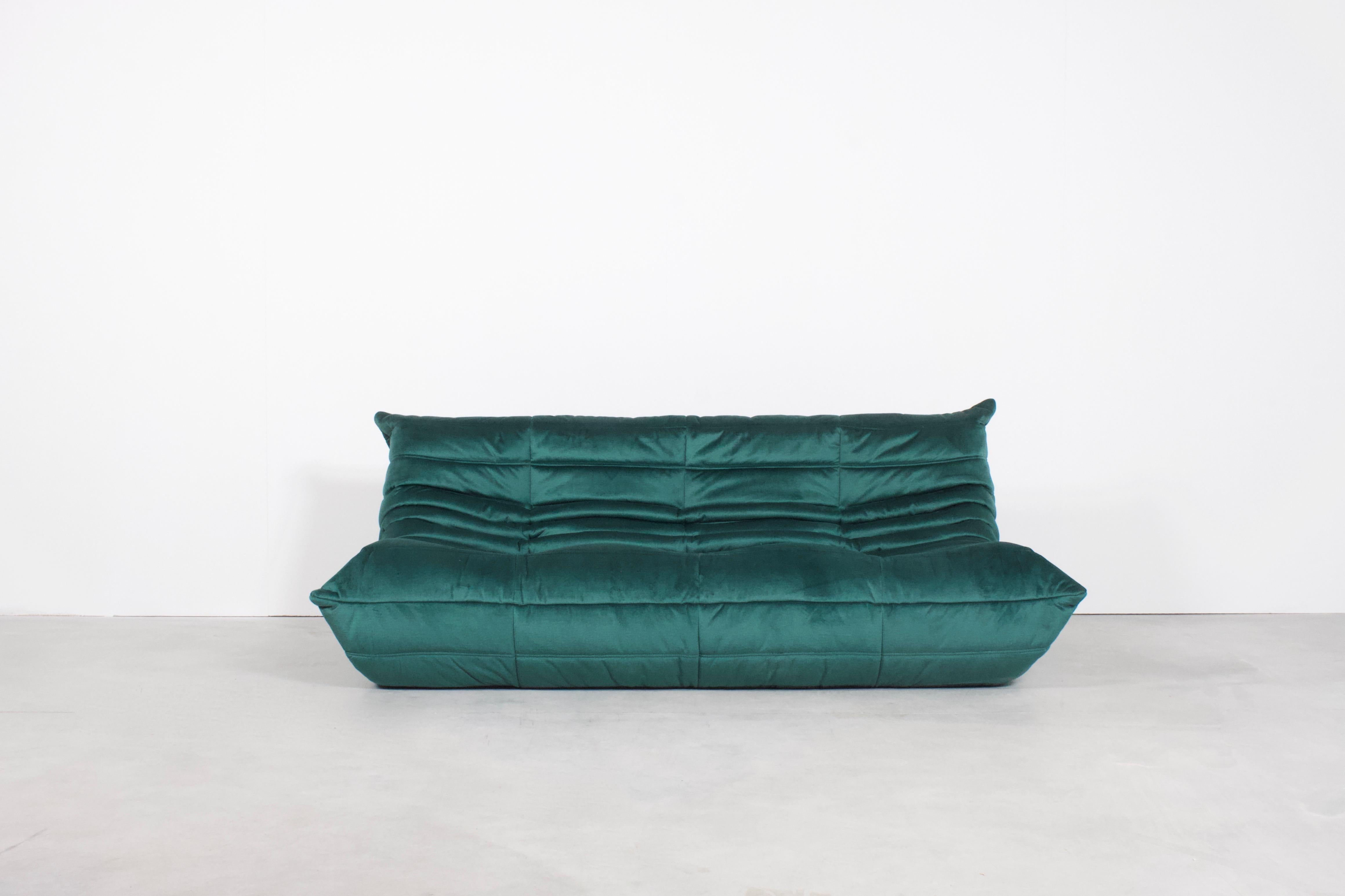 Togo three-seat by Michel Duraroy for Ligne Roset in excellent condition. 

Two sofas available

Reupholstered in a high quality dark green colored velours which gives a beautiful and rich effect.

The Togo features an ergonomic design with