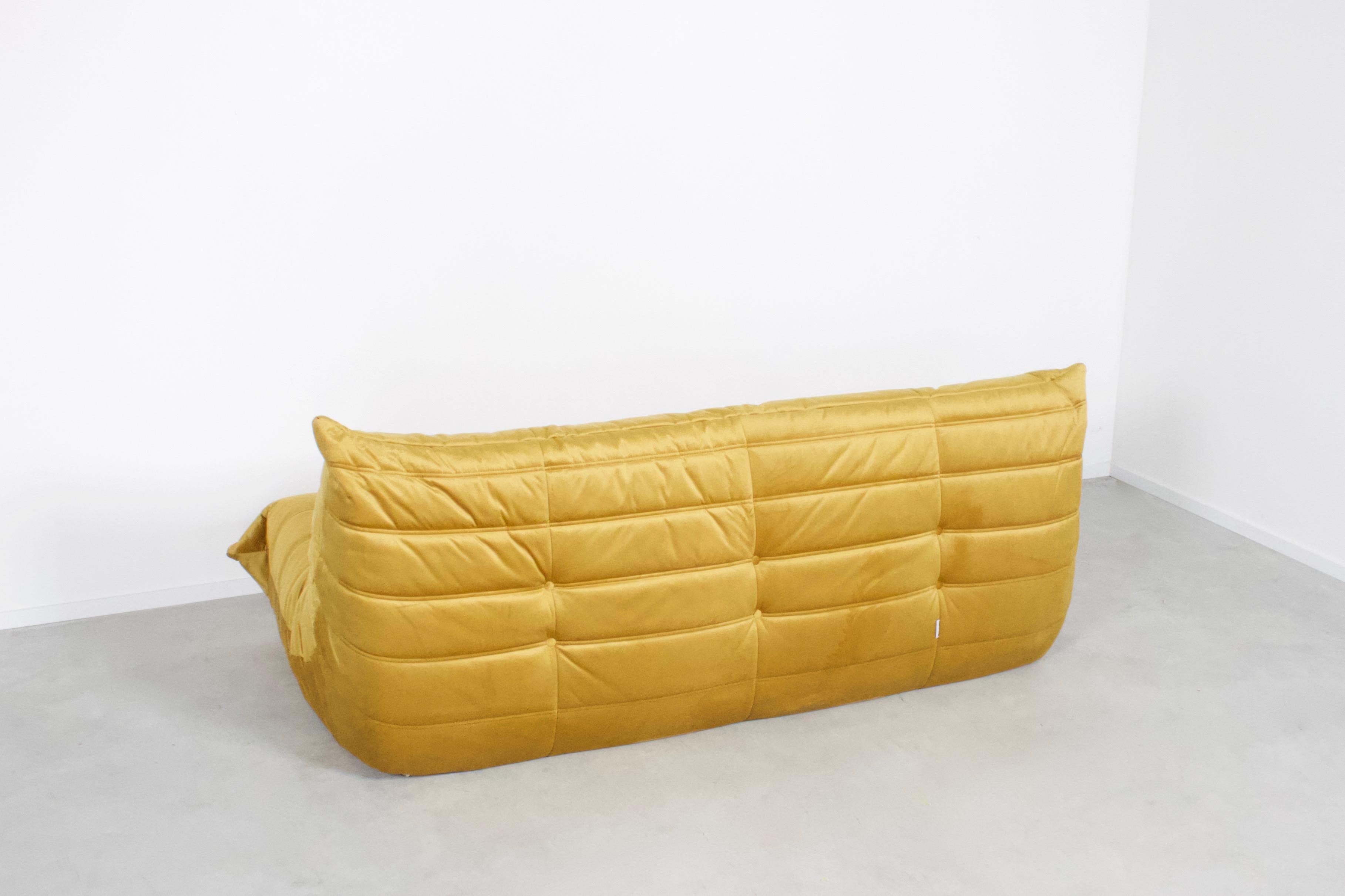 Togo three-seat by Michel Duraroy for Ligne Roset in excellent condition. 

Two sofas available

Reupholstered in a high quality gold colored velours which gives a beautiful and rich effect.

The Togo features an ergonomic design with multiple