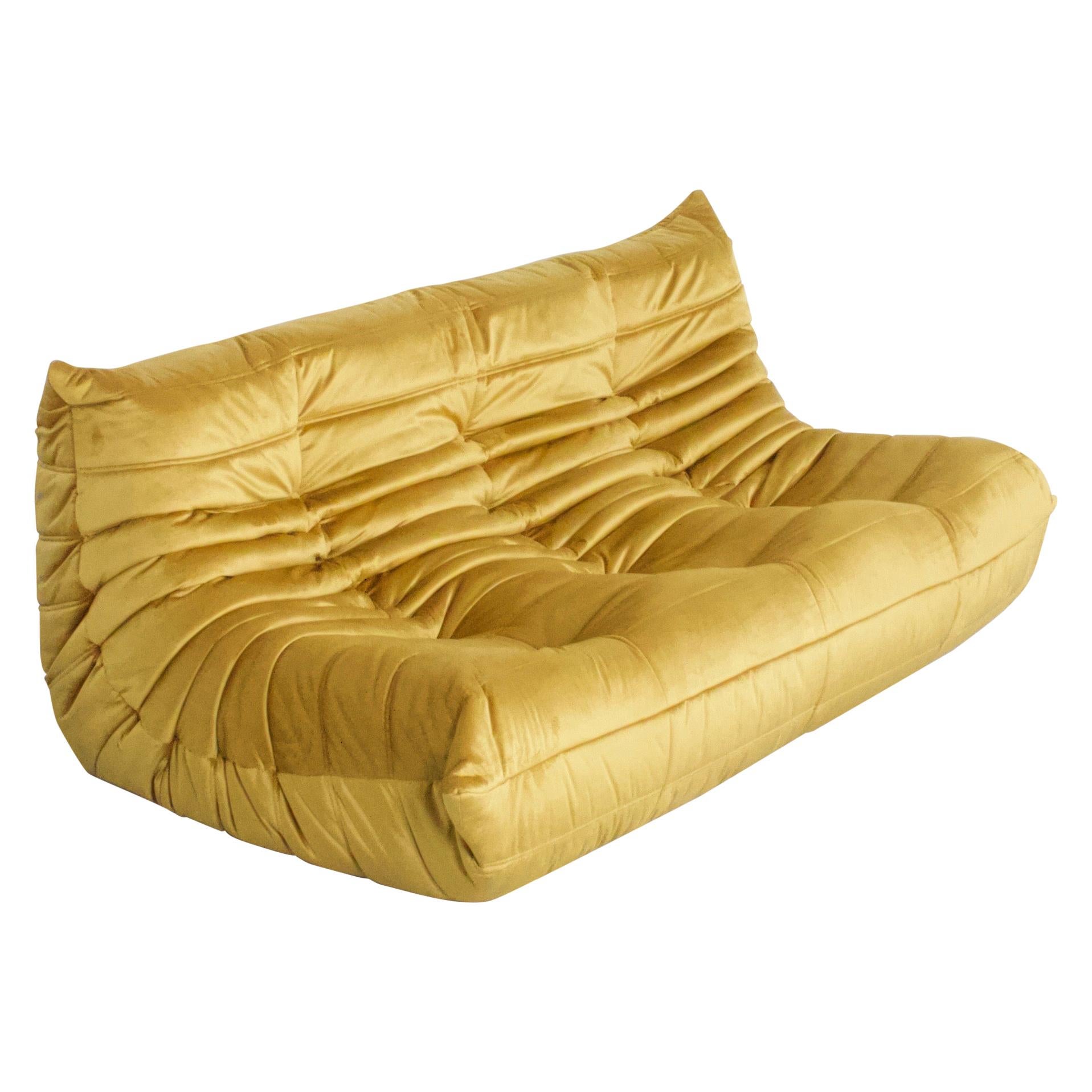 Two Seater Togo Sofa in Yellow Leather by Ligne Roset, 1980s France