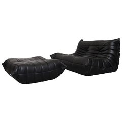 Ligne Roset 'TOGO' Black Leather Love Seat Sofa with Ottoman