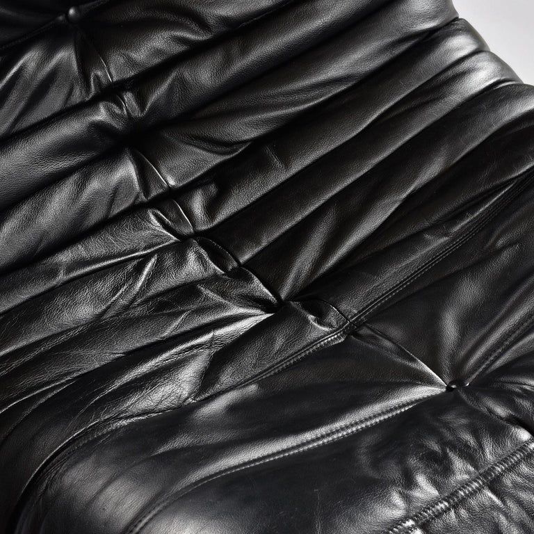 Ligne Roset Togo Black Leather Seating Group 3Seater Sofa, Chair