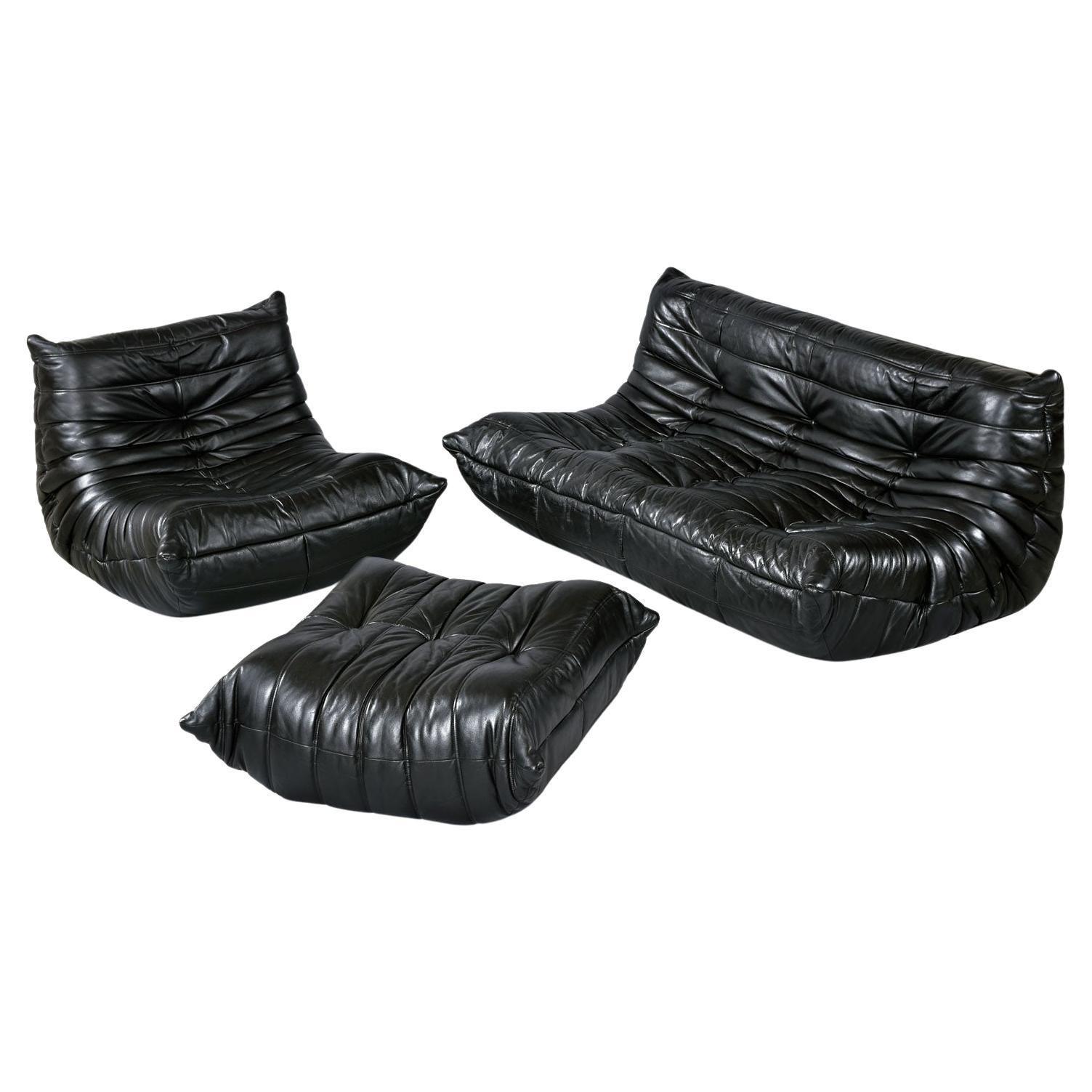 Ligne Roset Togo Black Leather Seating Group 3-Seater Sofa, Chair and Ottoman