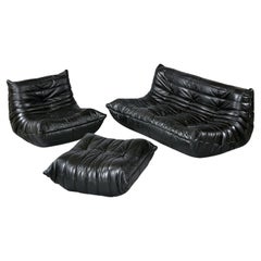 Vintage Ligne Roset Togo Black Leather Seating Group 3-Seater Sofa, Chair and Ottoman