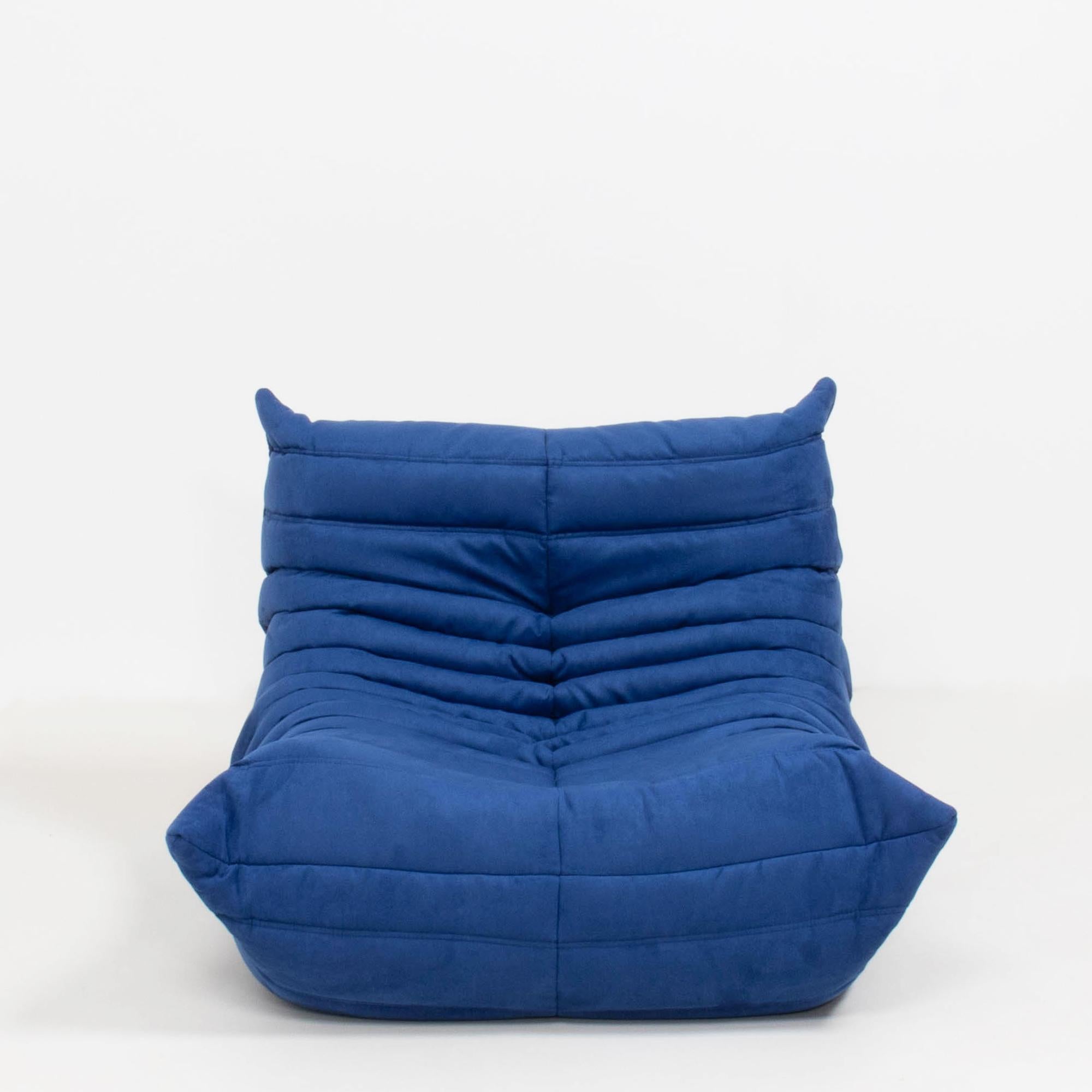 French Ligne Roset Togo Blue Armchair and Footstool by Michel Ducaroy, Set of 2