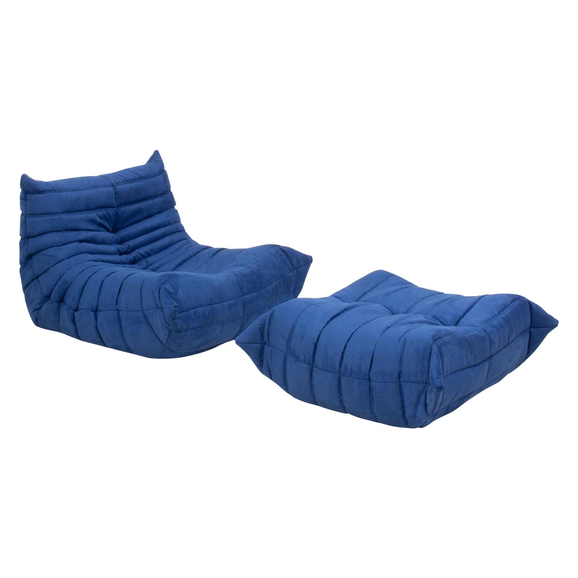 Ligne Roset Togo Blue Armchair and Footstool by Michel Ducaroy, Set of 2